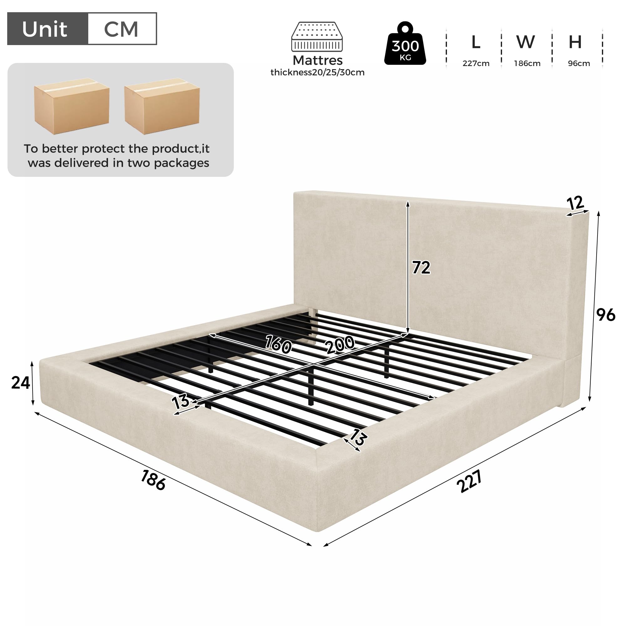 Zepneiy Lit 160x200 avec sommier à Lattes et tête de lit matelassée,Lit Double rembourré avec tête de lit Affiche 12 cm,Chenille Beige(sans Matelas)