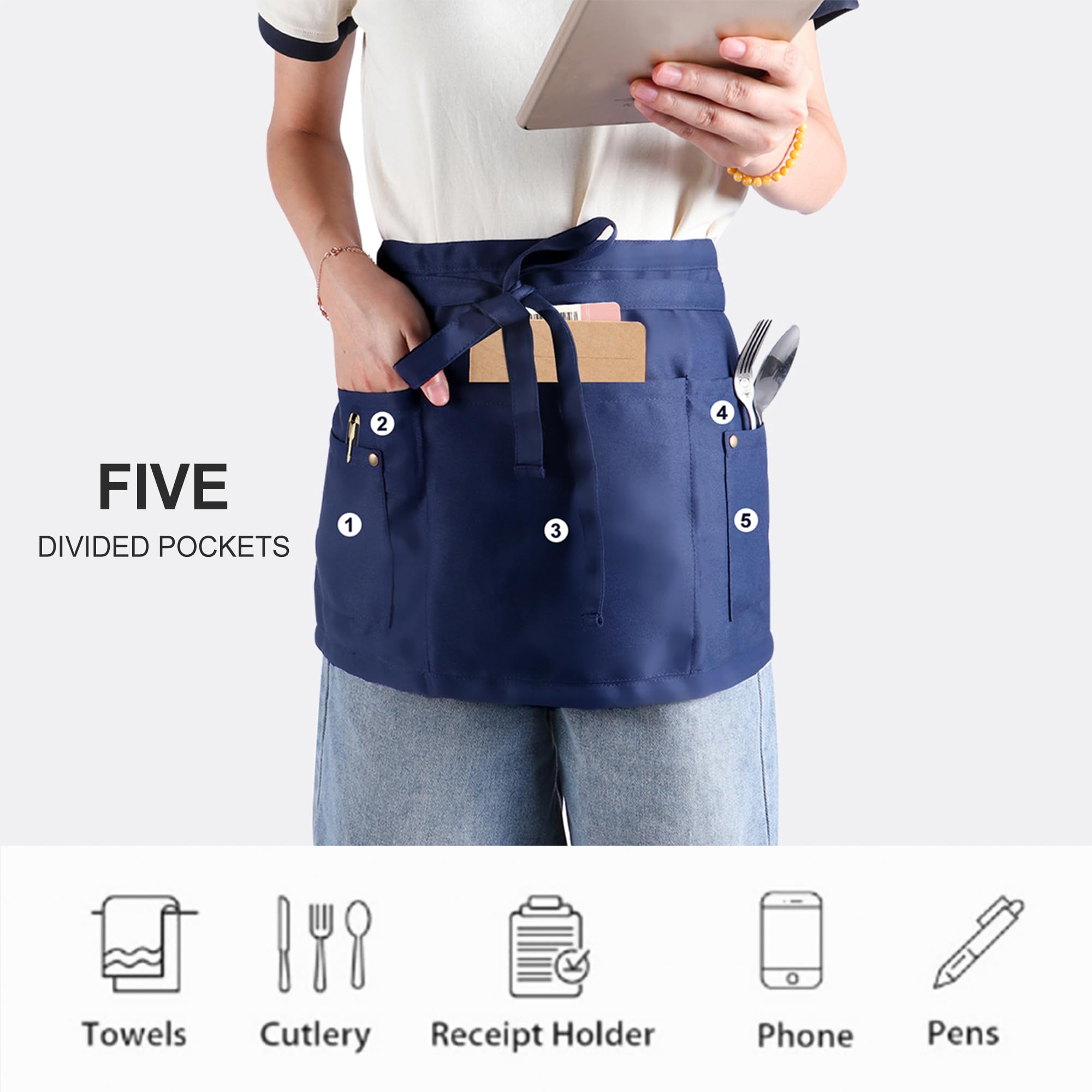 MIKI WELL Waitress Apron with 5 Pockets - Dark Blue Waist Apron Short Half Work Aprons for Waitress Waiter Women Men Chef (Dark Blue) - Image 3