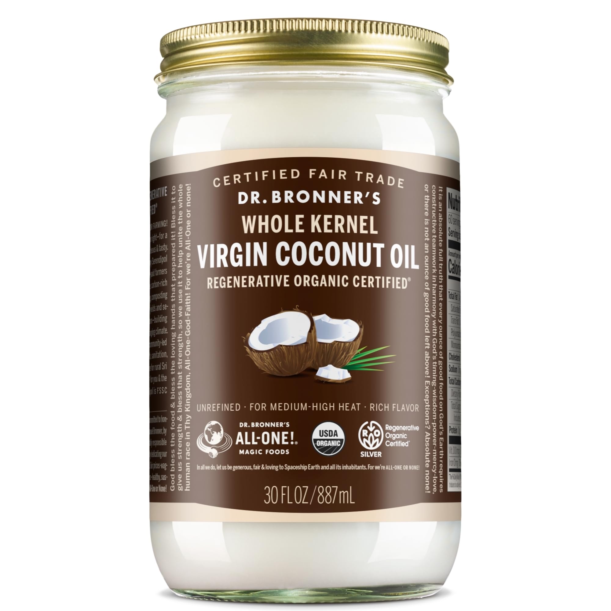 Dr. Bronner's - Organic Virgin Coconut Oil (Whole Kernel, 30 Ounce) - Coconut Oil for Cooking, Baking, Hair and Body, Unrefined and Fresh-Pressed, Rich and Nutty Flavor, Fair Trade, Vegan, Non-GMO
