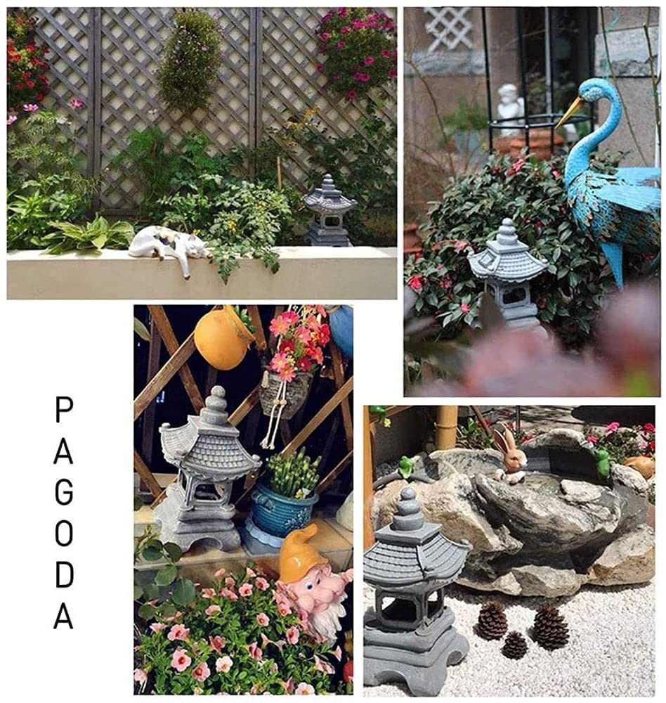 Pagoda latarnia stupa na zewnątrz ogród kamienna statuetka, japoński styl latarnia pagoda zasilana energią słoneczną LED na zewnątrz dekoracja ogrodowa, 34 cm (rozmiar: 34 cm)