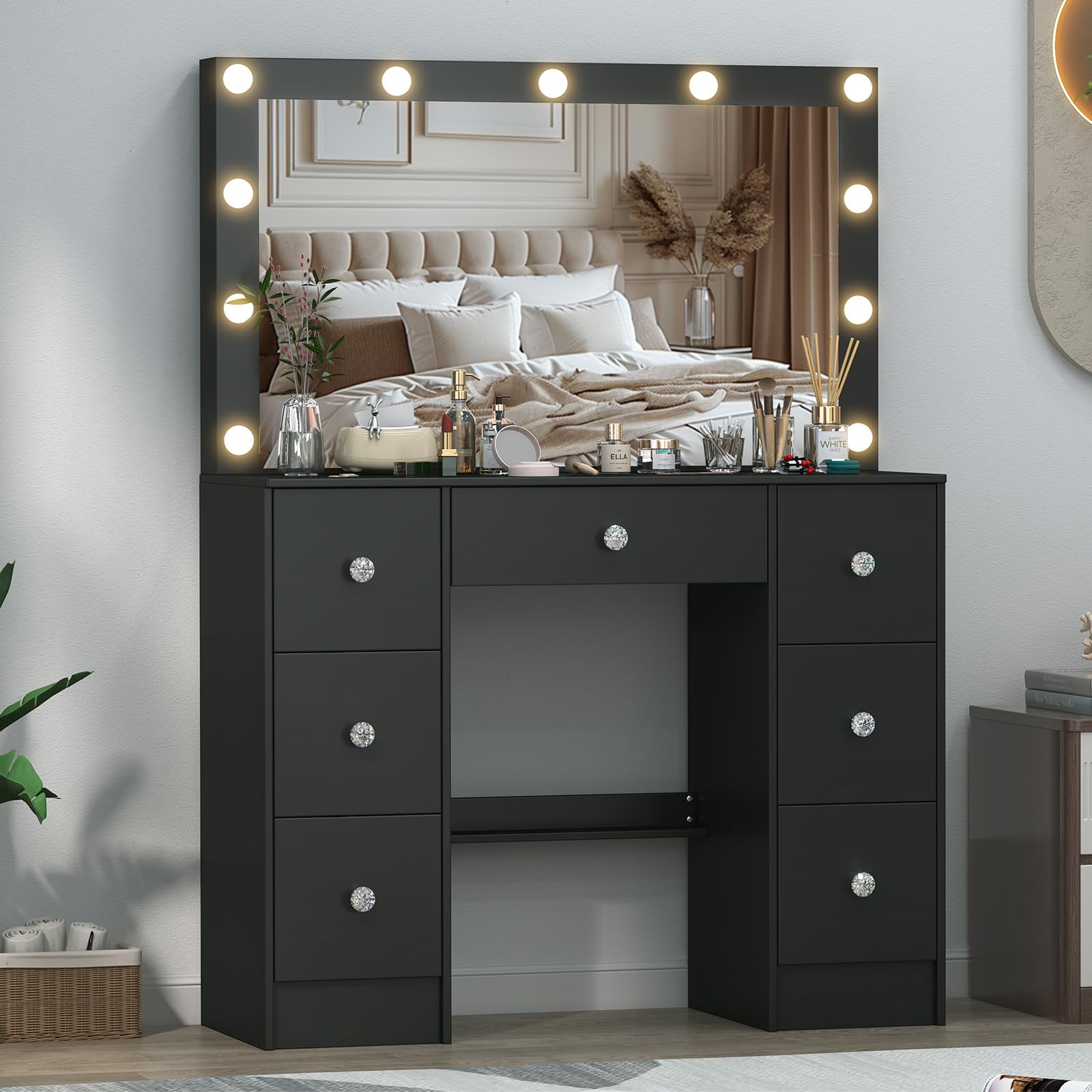Umeiga Black Dressing Table with LED Lights, Large Mirror Vanity Table Set with 7 Drawers, Adjustable Brightness, 39.5" Vanity Set for Bedroom, Women