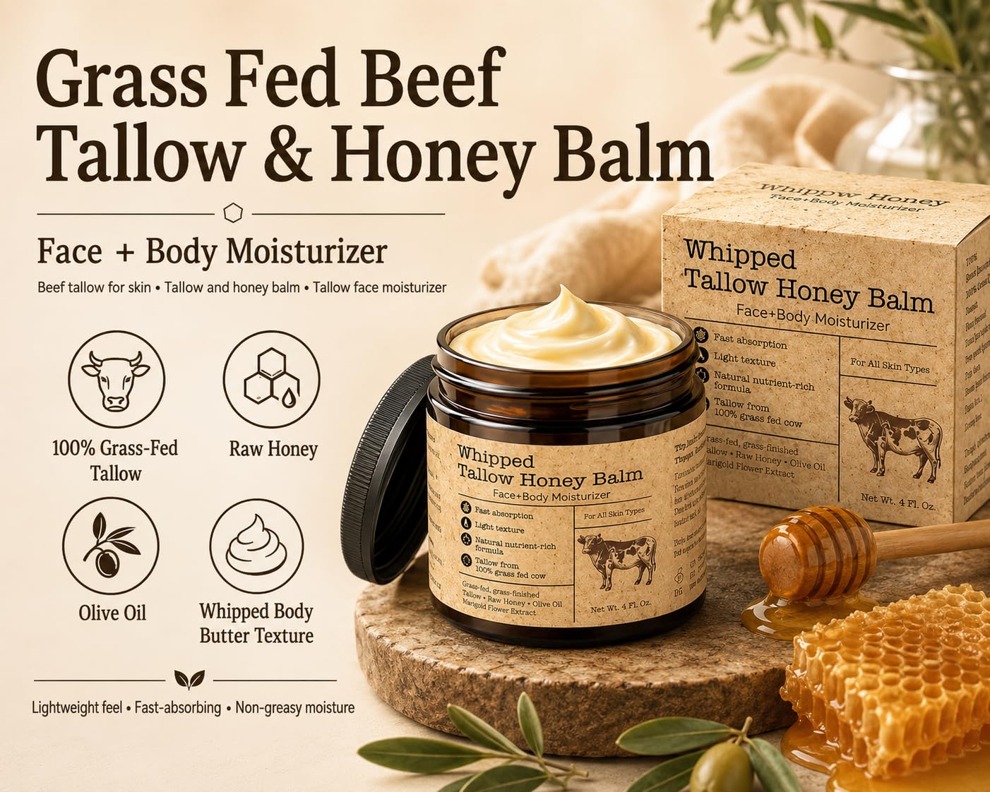 Beef Tallow for Skin & Face: Tallow and Honey Balm - Grass Fed Whipped Tallow Balm Moisturizer - Non-Greasy Body Butter Cream with Honey & Olive Oil for Dry Sensitive Skin 4 oz