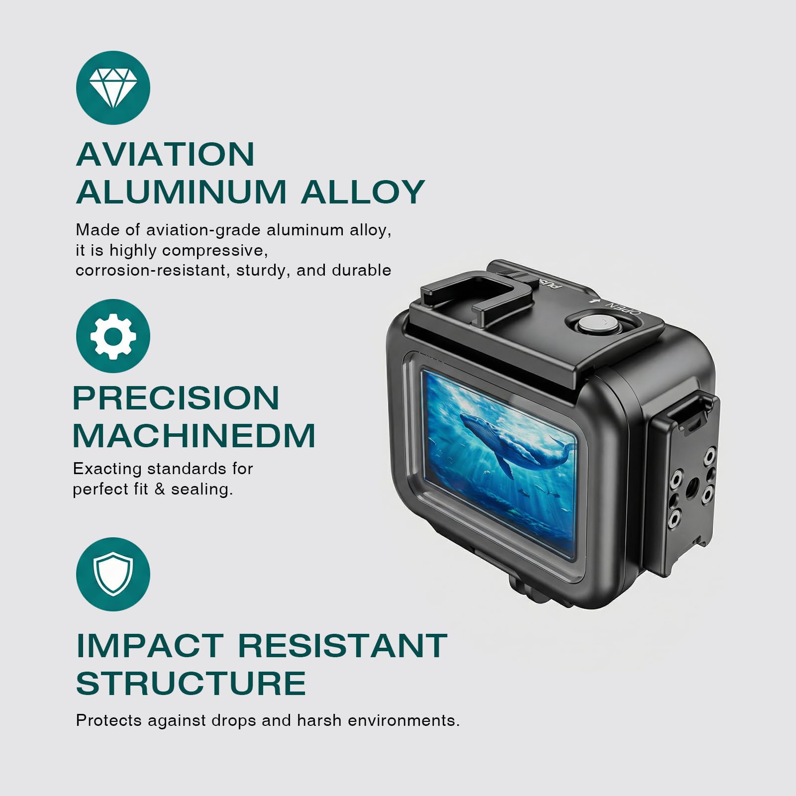 Carcasa impermeable de aleación de aluminio para DJI Action 4/5/6, carcasa protectora de buceo de 60 metros con vidrio templado, instalación rápida magnética, metal negro (sin asa)
