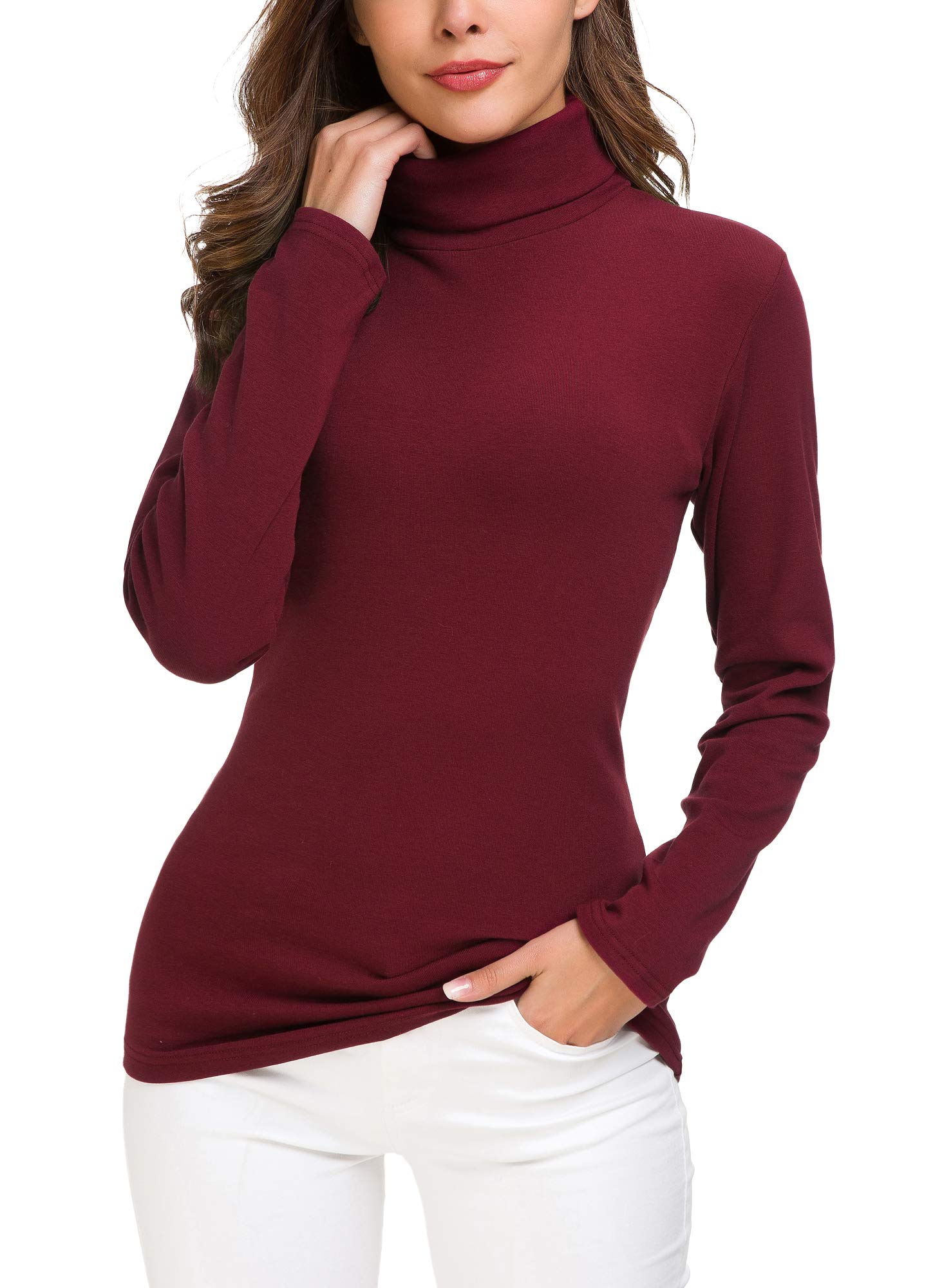 EXCHIC Women’s Slim Fit Turtleneck Pullover Solid Long Sleeve Stretchy Sweatshirt (M, Wine Red)