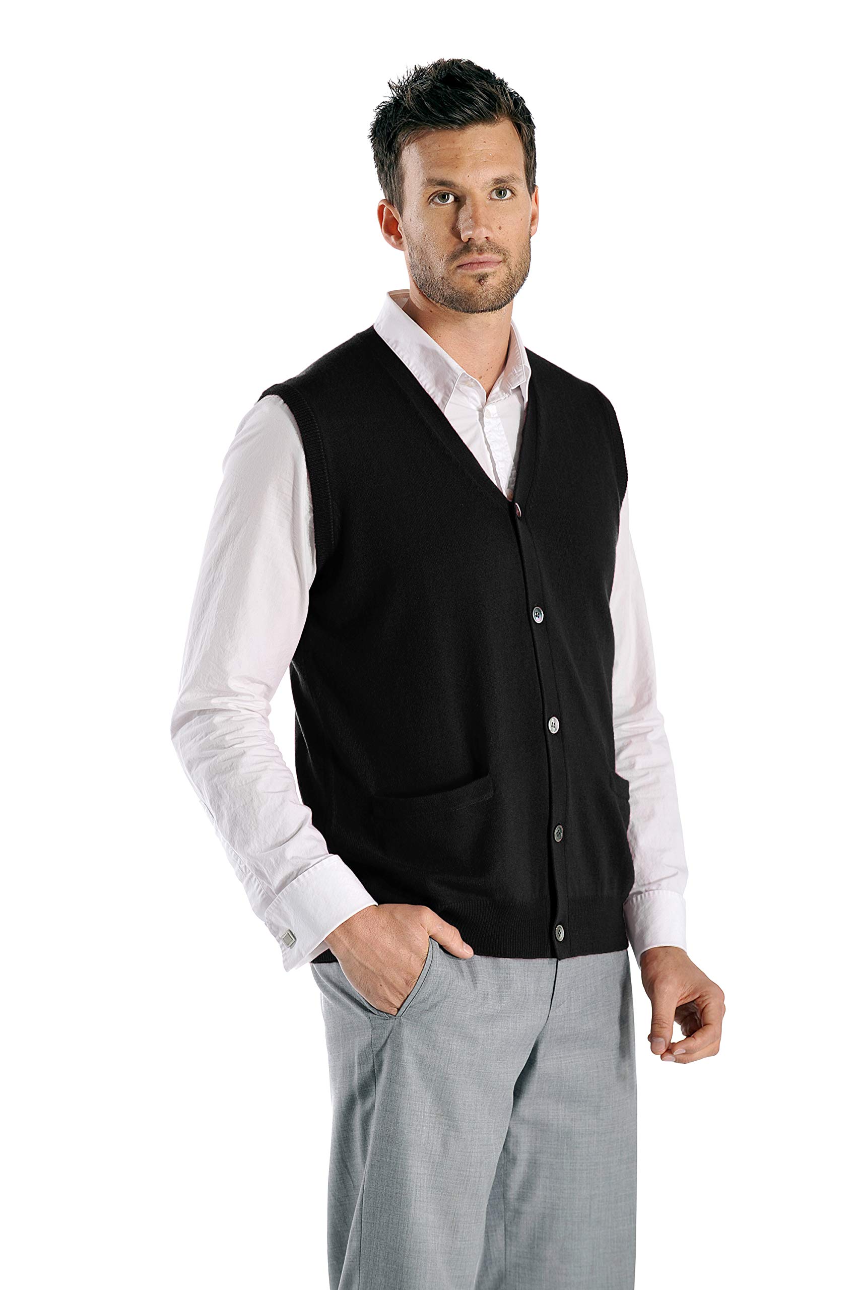 Cashmere Boutique 100% Pure Cashmere Sleeveless Vest Men's Cardigan Sweaters - 2 Front Pockets, Button Down, & V Neck Sweater