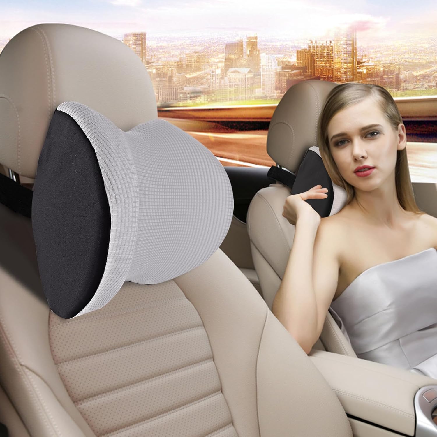 SPRFUFLY Cozy Car Headrest Pillow, Car Pillow for Driving with Adjustable Strap, Breathable Removable Cover & Ergonomic Design - Softness Travel Car Neck Pillow(Moonlight Silver, 1PC) - Image 8