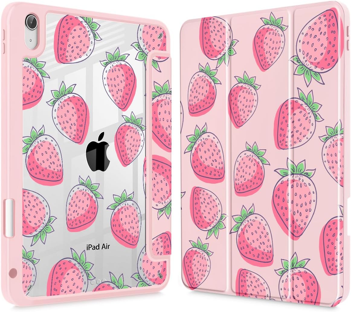 Case for iPad Air 11'' (M4 2026/M3 2025/M2 2024)/ iPad Air 10.9'' Air 5th /4th Gen, Shockproof Cover with Clear Back Shell & Penceil Holder Auto Wake/Sleep Stand Cover, Strawberries