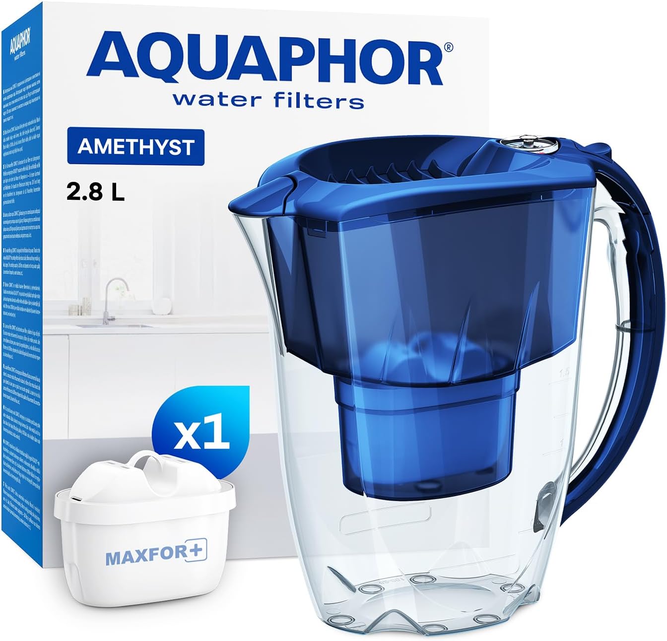 AQUAPHOR Amethyst Water Filter Jug with 1 X MAXFOR+ Filter 200L - Capacity 2.8L - Blue