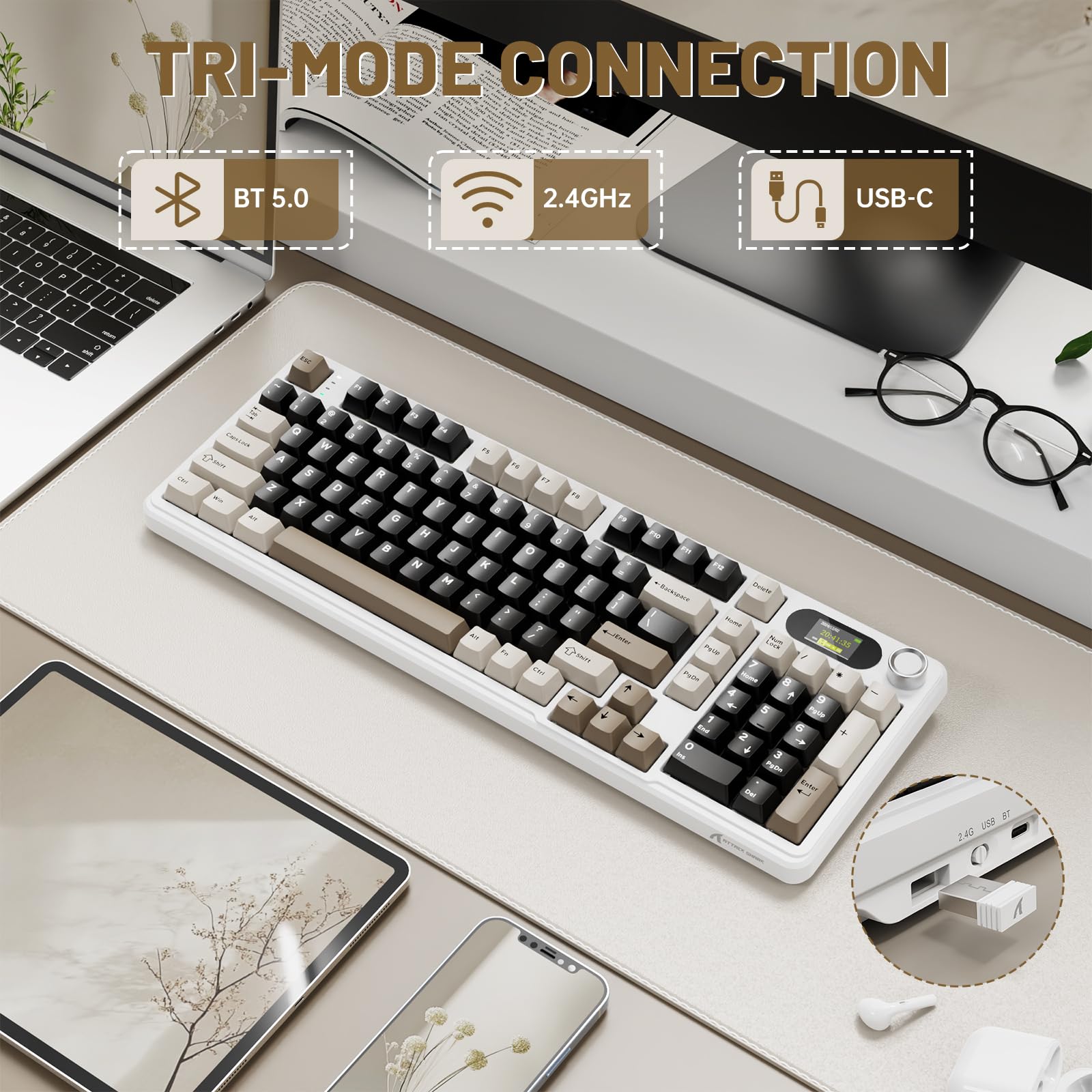 MAMBASNAKE × ATTACK SHARK X98 Pro Tastiera Gaming Wireless 96%, Display LED & Manopola, BT/2.4G/USB-C, Tastiera Meccanica RGB QWERTY, PBT Side-Printed, Hot-Swappable Gasket, 4000mAh(Bianco Marrone)