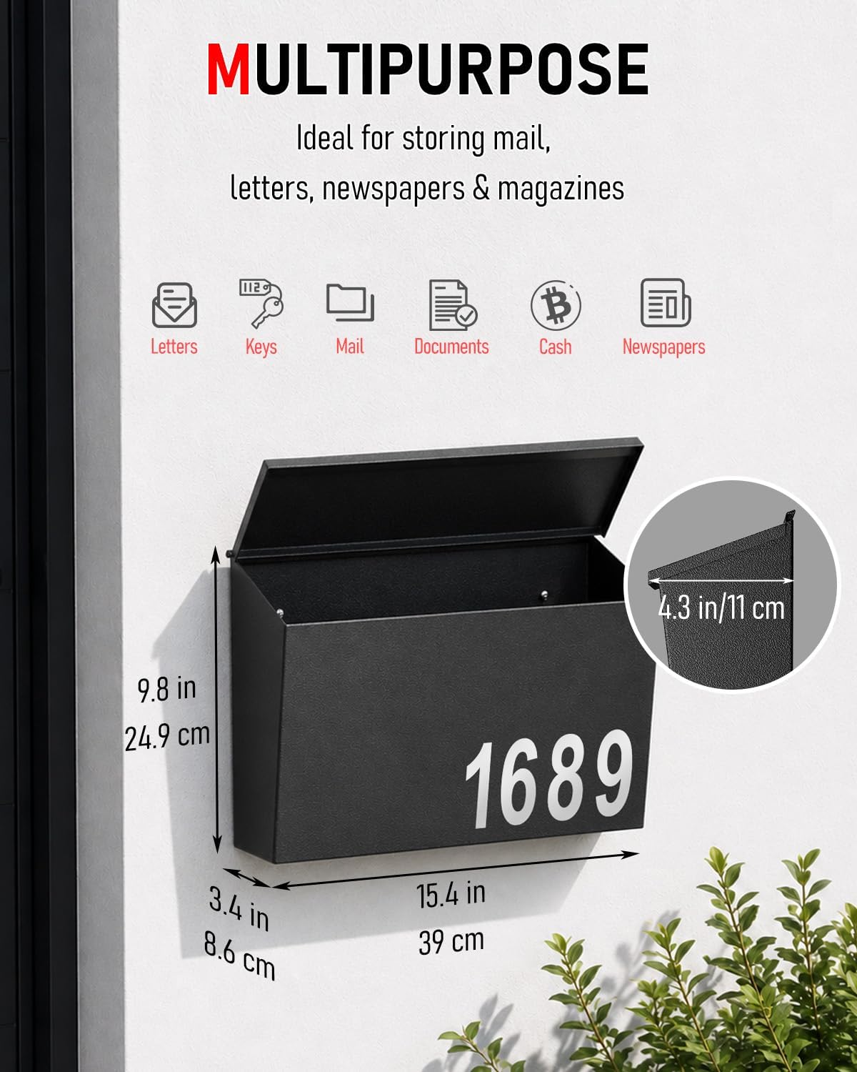 Uniclife Mailboxes for Outside, Wall Mount Mailbox | Custom Number Stickers, Large Metal Mail Box for House, Modern Post Box for Outdoor Office Home, (No Locking Mechanism)