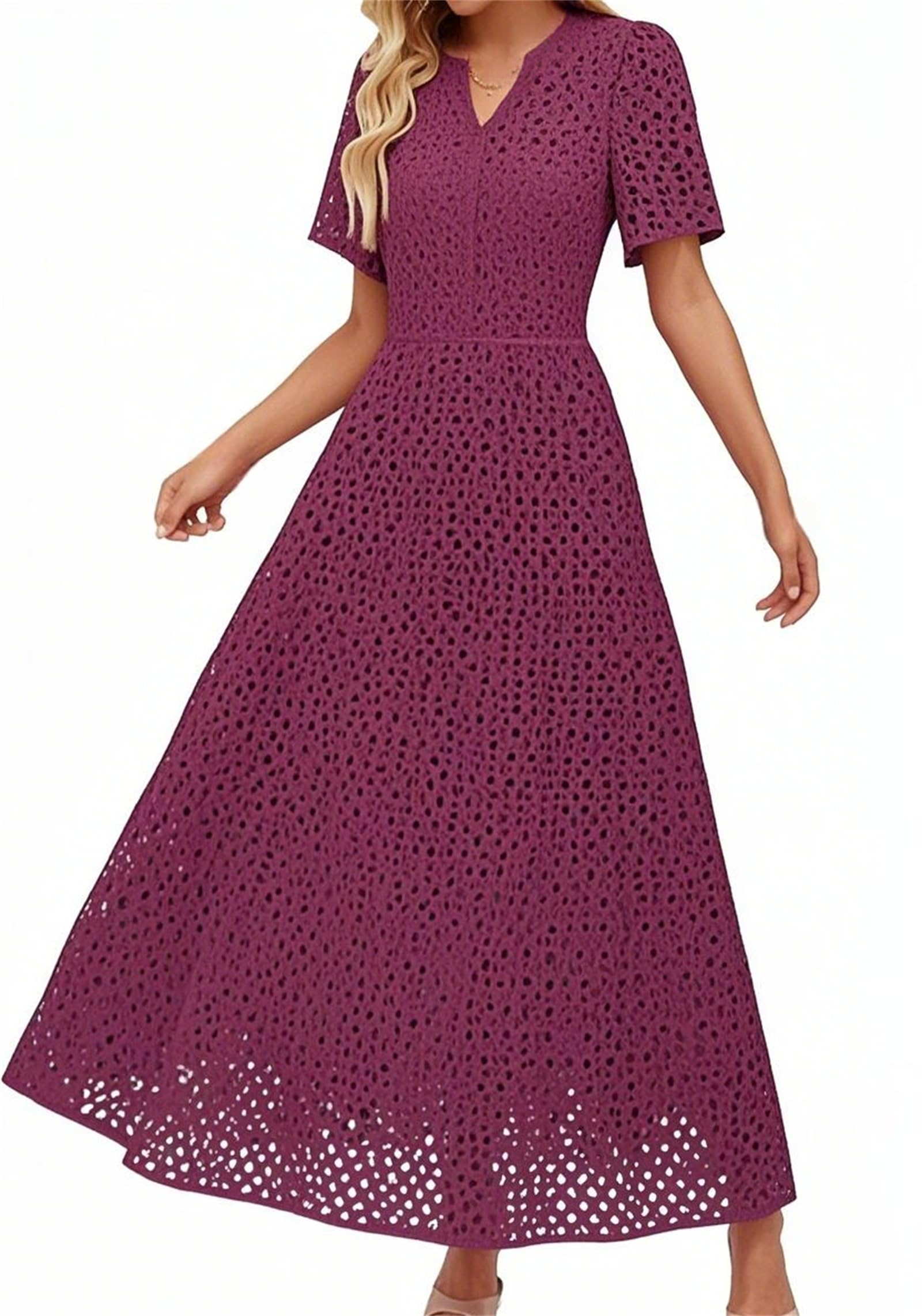 Vestido maxi de verano para mujer, manga corta, informal, con ojales, cuello en V, cintura alta, volantes, swing en línea A, vestidos largos que fluyen