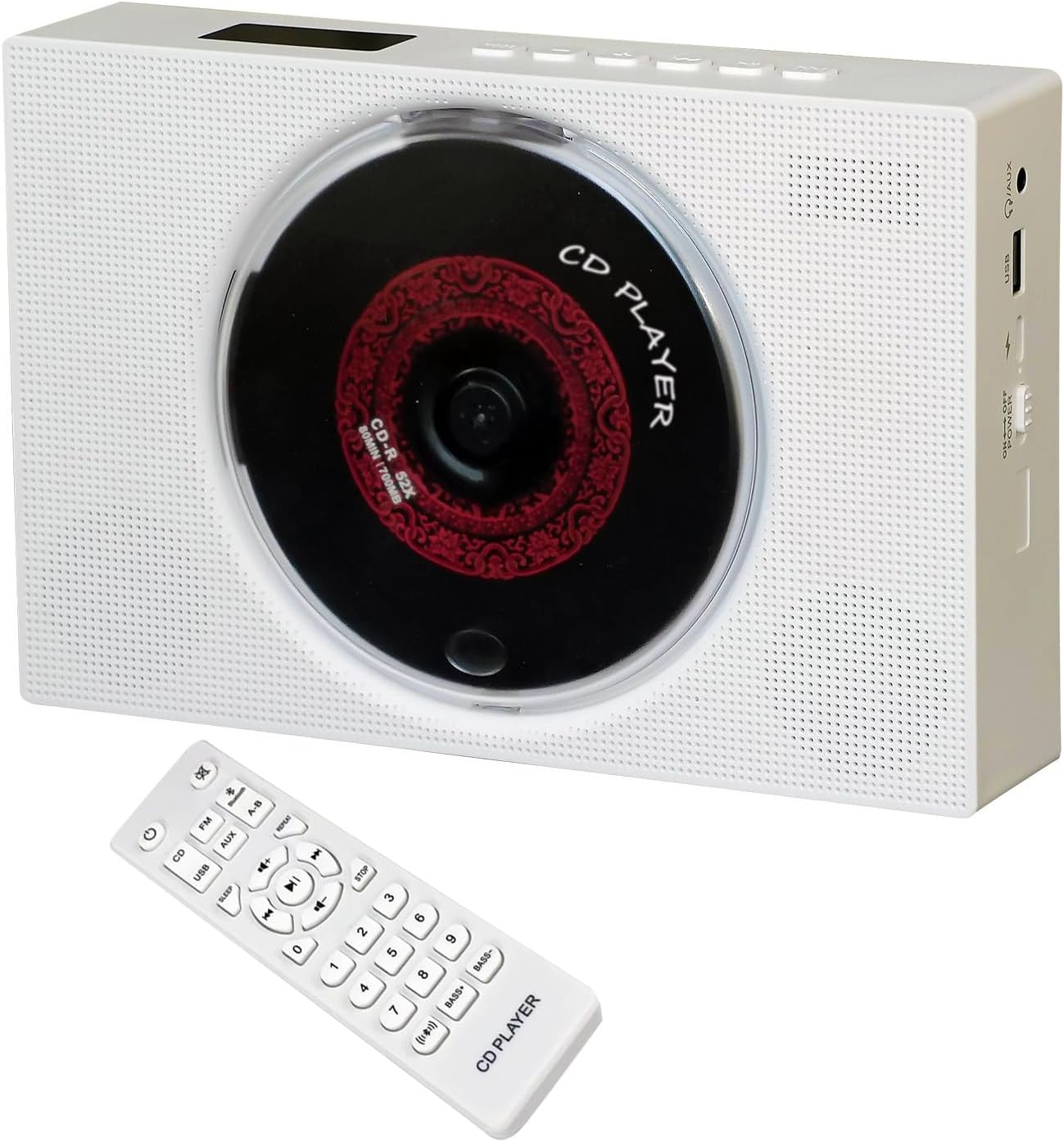 Portable CD Player with Speakers, Desktop CD Players for Home, Bluetooth, Remote Control, LED Screen, FM Radio, U Disk, AUX Port, Wired, White