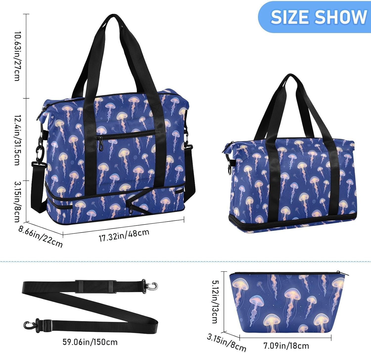Multifunctional Tote Bag Jellyfish Blue Undermarine Gym Bag with Toiletry for Yoga