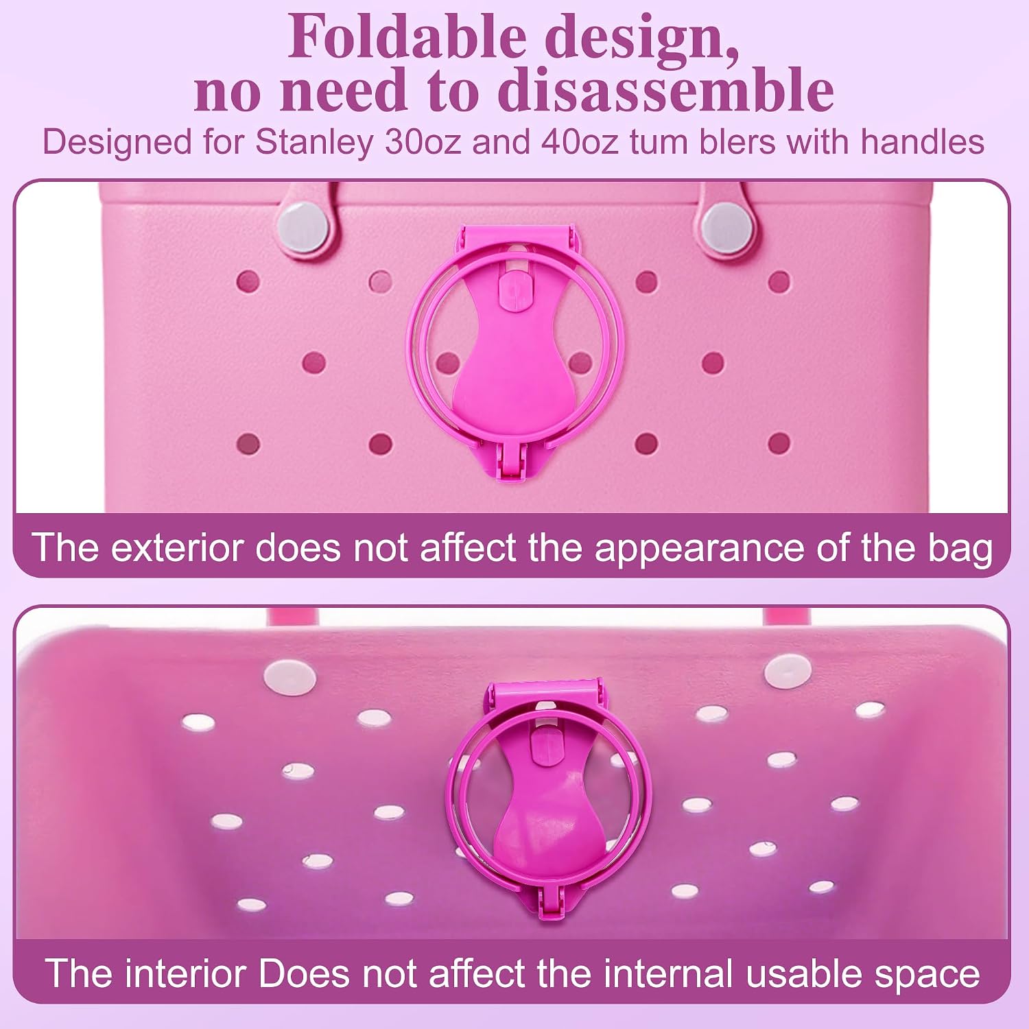 Foldable Cup Holder for Bogg Bag, Compatible with Stanley 30 40oz, Adjustable Water Bottle Drink Holder Attachment for Simply Southern Beach Tote Bag (Purple) image 5