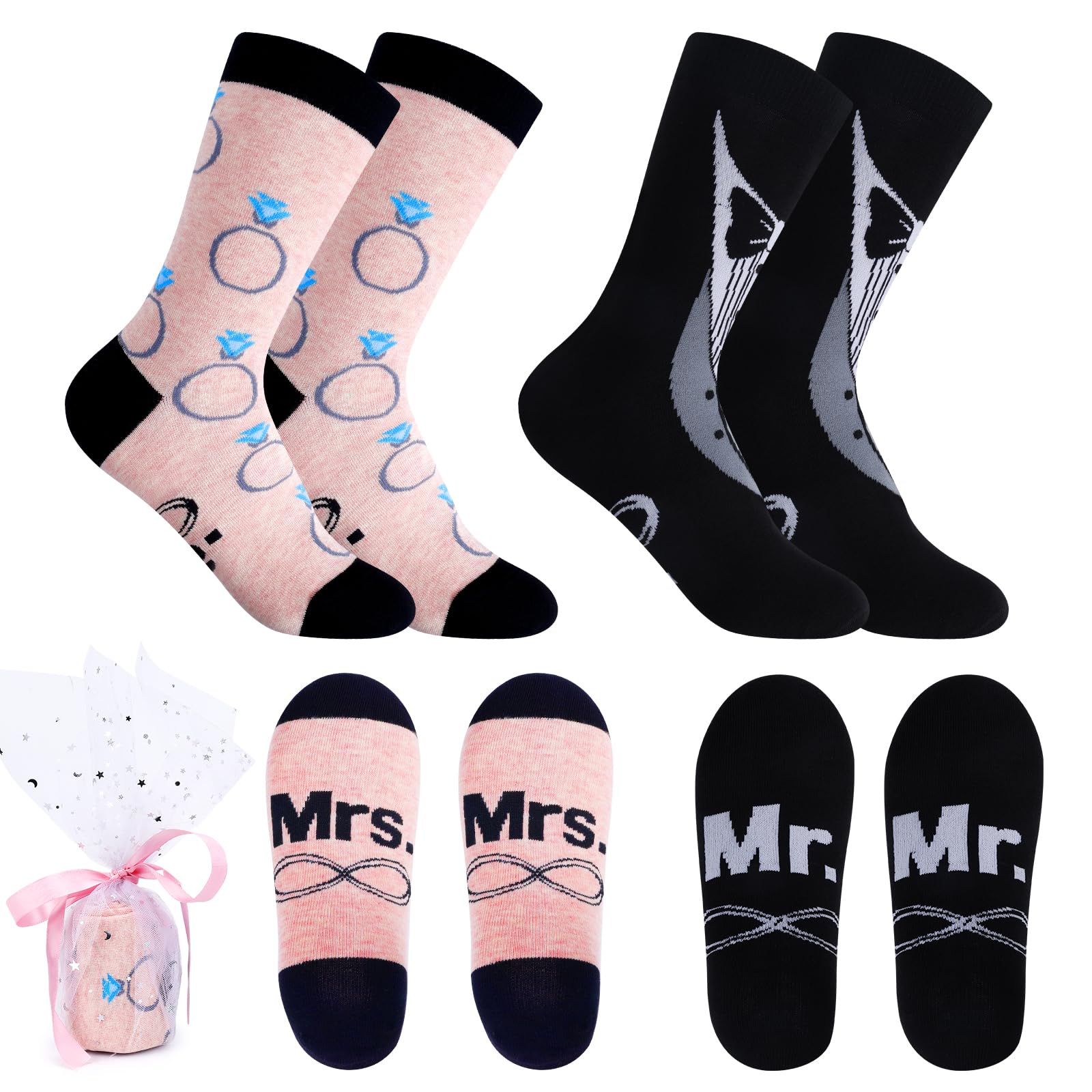 Dadabig 2 Pares de Calcetines de Boda, Calcetines Personalizados, Regalos de Boda, Calcetines para Novios y Novias, Calcetines de Algodón, Regalo de Boda para Recién Casados con un Patrón Divertido