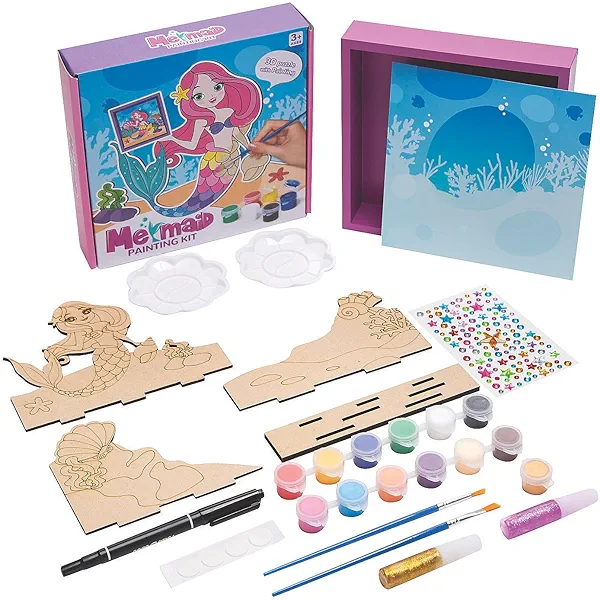 Fun Express 3D DIY Mermaid Wood Puzzle Painting Kit, All in One Kids Craft Kit, Holiday, Birthday and Everyday Gifts, Great Creative Activity for Home and School