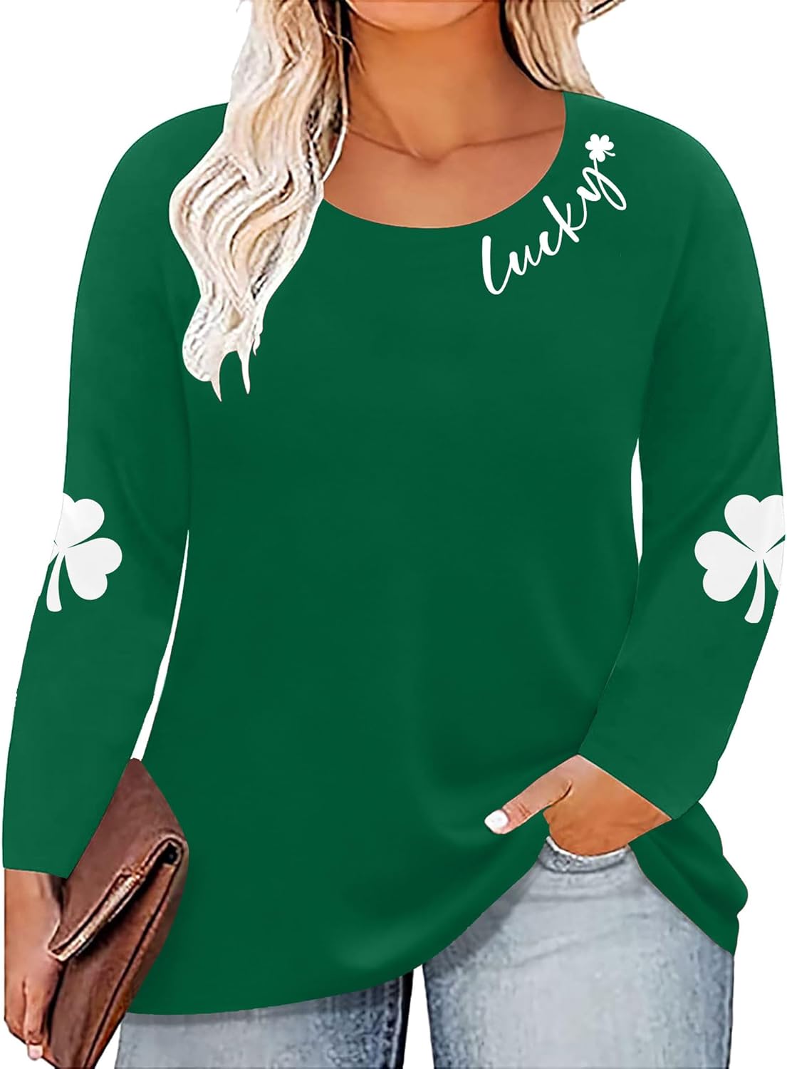 QAUN Plus Size St Patricks Day Shirt Women Shamrock Graphic Tees Lucky Tshirt Irish Long Sleeve Tops