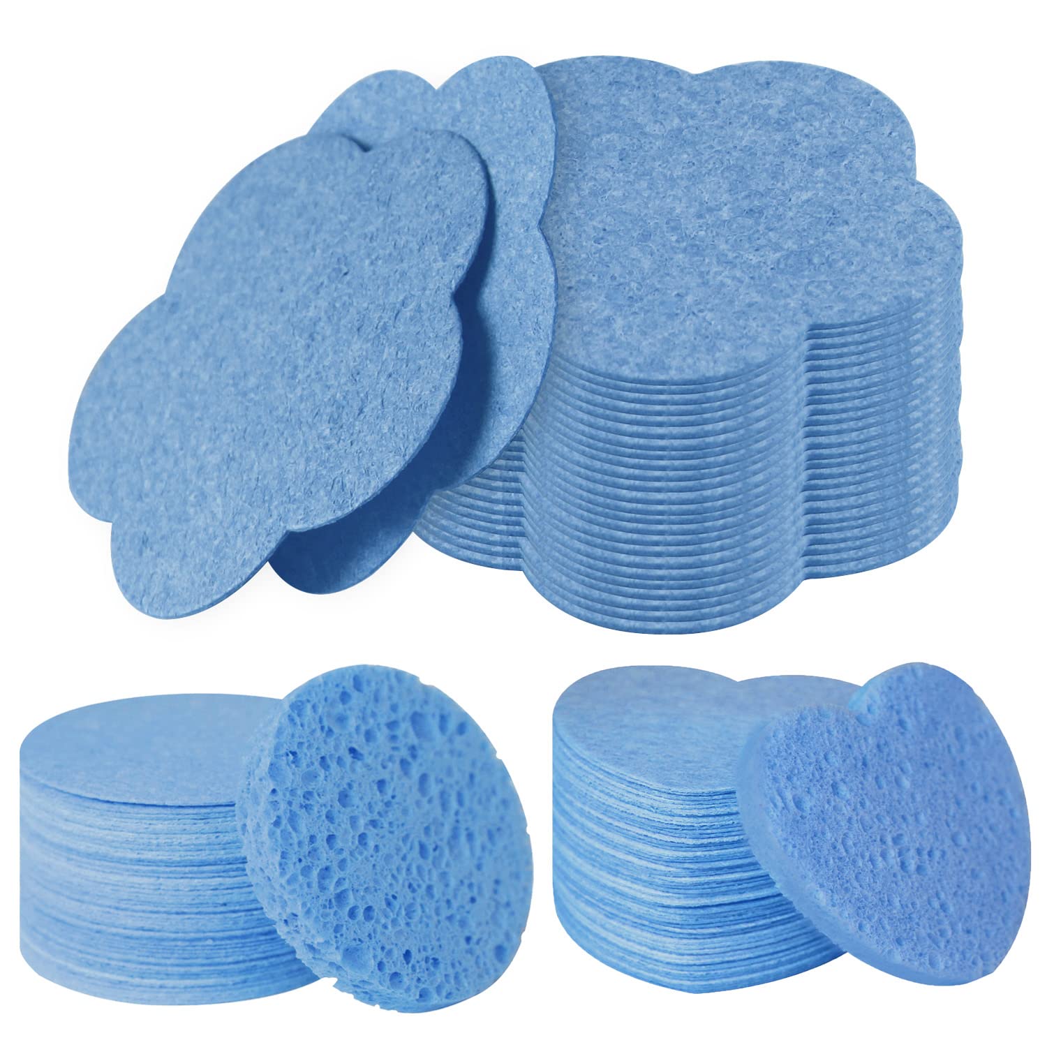 150-Count Compressed Facial Sponges, Spunspon Cellulose Facial Sponges, 100% Natural Cosmetic Spa Sponges for Facial Cleansing, Exfoliating Mask, Makeup Removal, Flower Round and Heart Shape Set, Blue