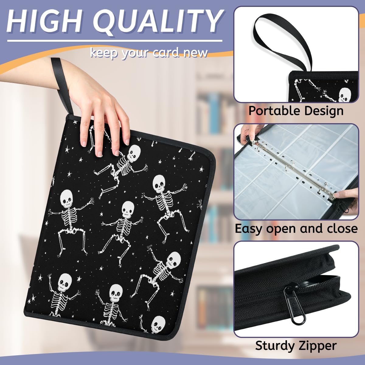 Classeur pour cartes à collectionner - 9 poches - Motif tête de mort - Pour Halloween - Gothique - Squelette - Avec pochettes amovibles - Étanche - Avec fermeture éclair - Capacité de 50 pages