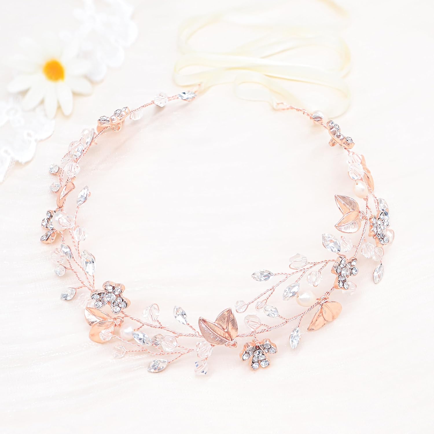 Oriamour Bridal Headpiece Wedding Crystal Headband With Leaves and Freshwater Pearl Hair Accessories For Bride Flower Girl (Rose Gold) - Image 3