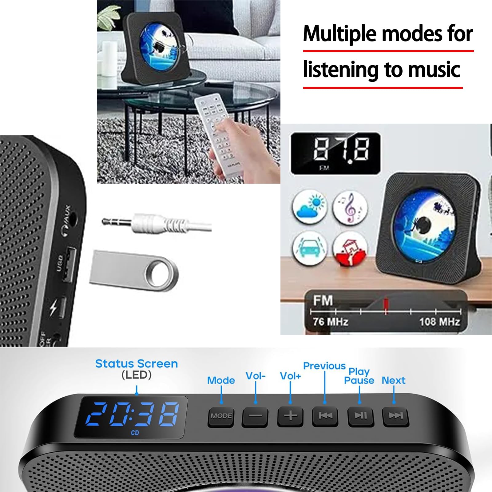 Tragbarer Bluetooth CD-Player mit Lautsprechern - 8-in-1 HiFi-Stereo-Soundsystem für Zuhause, unterstützt CD/Bluetooth/FM-Radio/USB/AUX/Timer/Fernbedienung