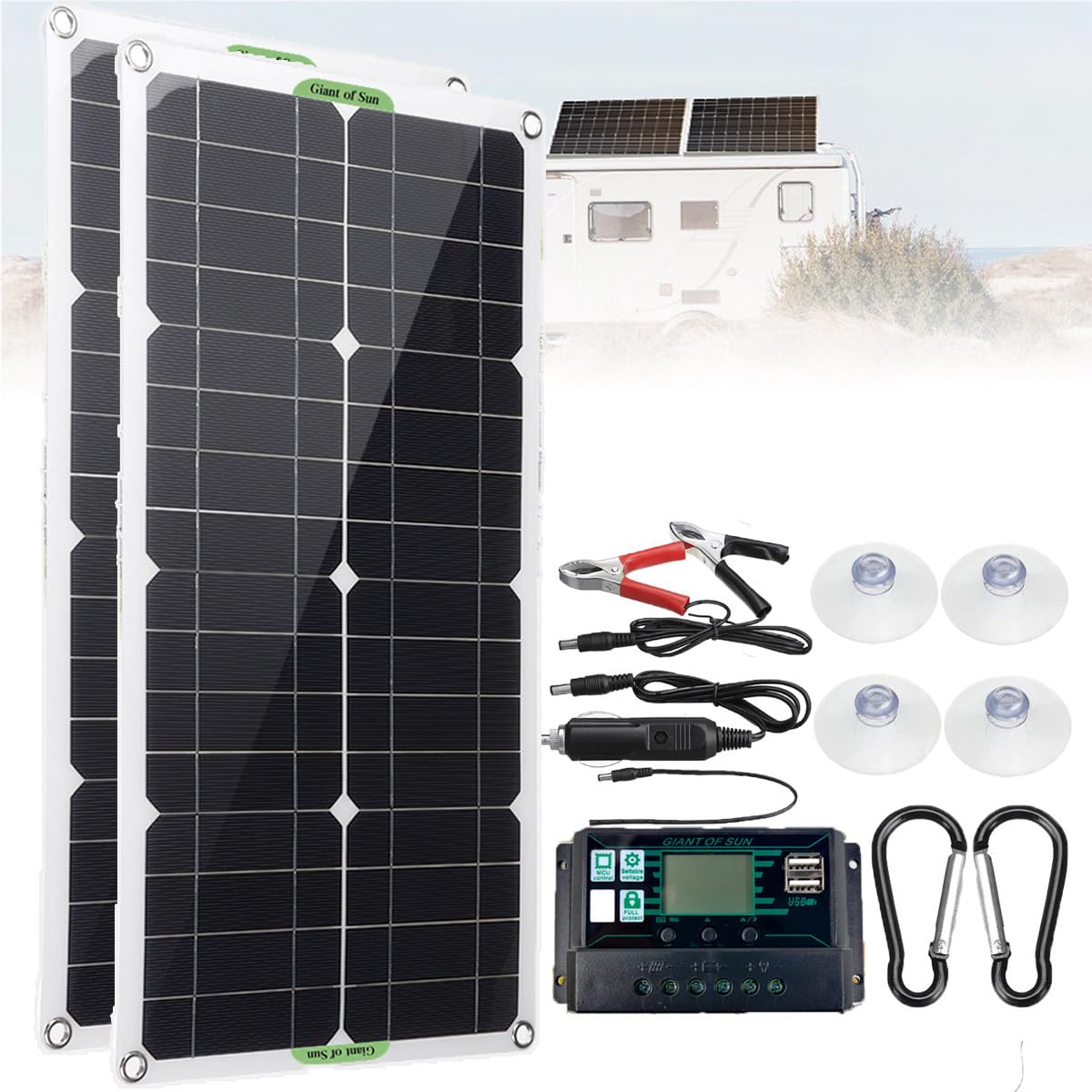 VinAmy 250W/500W Kit Pannello Solare- Controller 10a/20a/30a, Pannello Solare Monocristallino Portatile - Doppia USB, Può Essere Utilizzato Per Caricare La Batteria Da 12V/24V,20Acontroller-500W