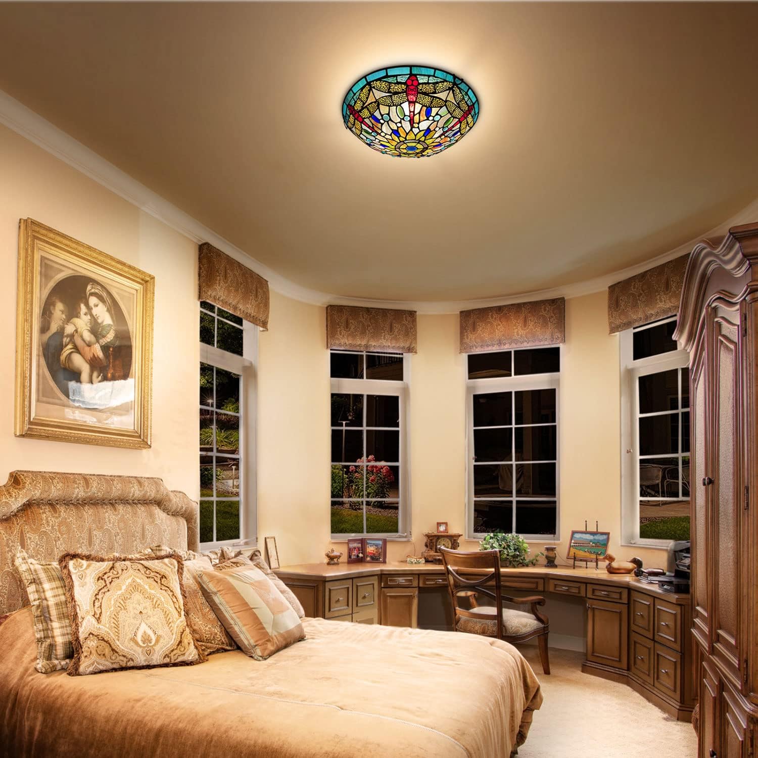 ARTZONE Tiffany Ceiling Lights, Stained Glass Ceiling Light 3-Lights 16 Inch Tiffany Flush Mount Ceiling Light for Bedroom Dining Living Room Entryway Foyer