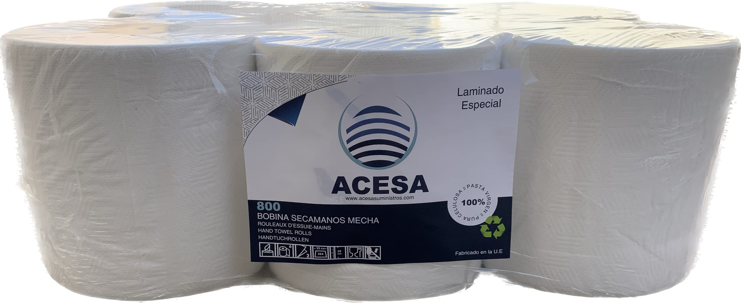 ACESA - Bobina Papel Precortado Doble Capa 6 unidades de 800gr - Rollos de Papel Industrial de Pasta Virgen 100% - Papel Industrial de Pasta Virgen - 6 Bobinas de Papel Industrial de celulosa Blanco