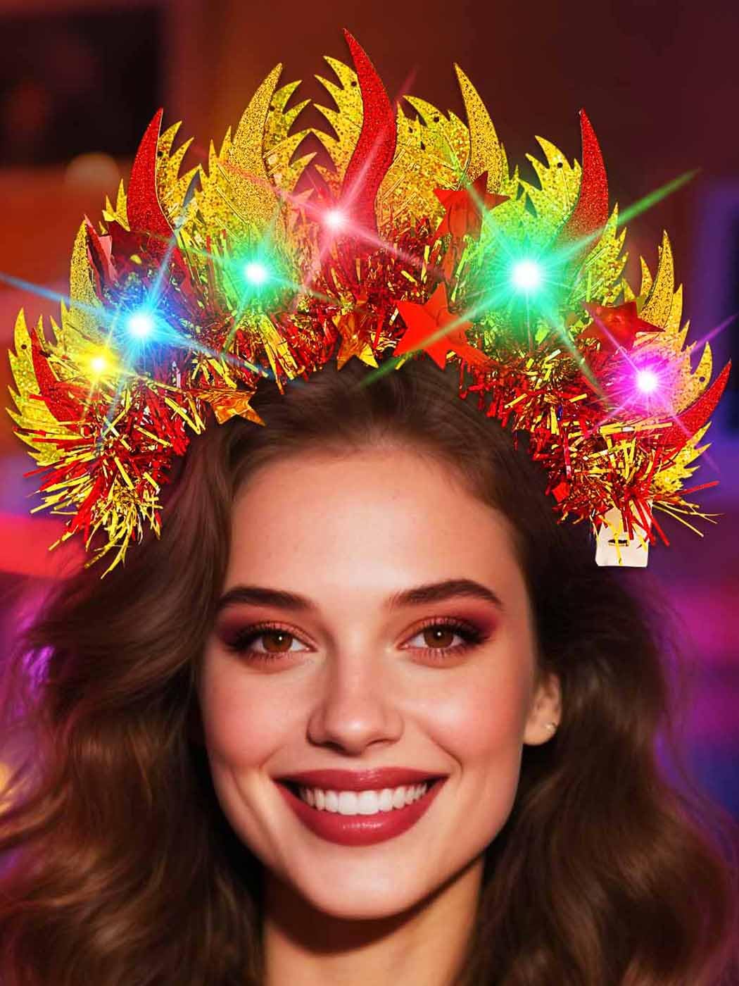 IYOU Fire Light Up Headband Gold Leaf Led Headpiece Flashing Carnival Rave Hair Accessories for Women