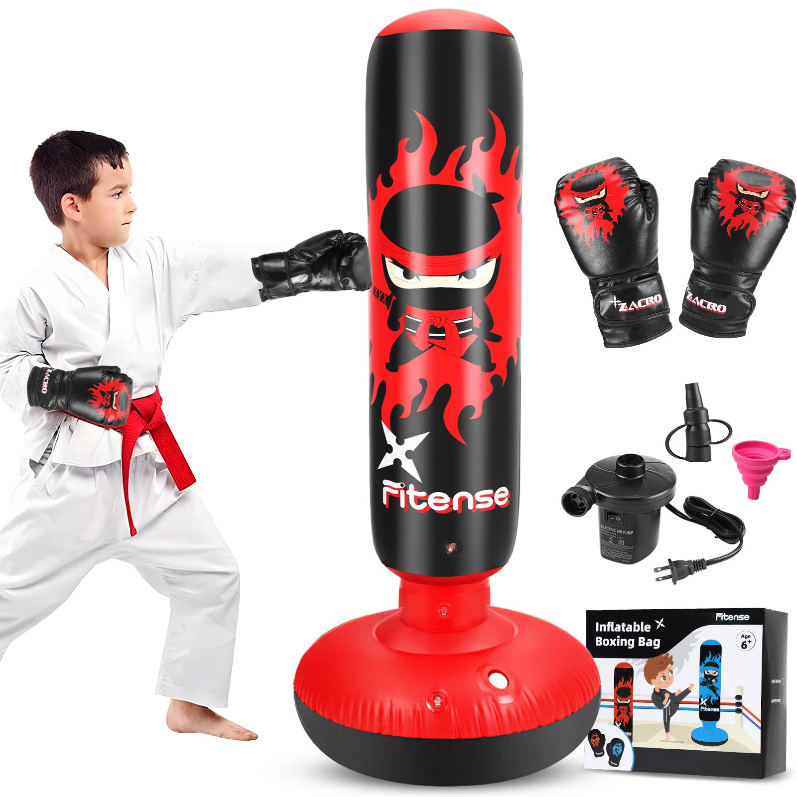 Kids Punching Bag, 63 Inch Inflatable Punching Bag with Electric Air Pump & Gloves, Kids Boxing Bag for Boys Girls Age 6-12, Dinosaur Ninja Boxing Set Christmas Birthday Toys for Karate