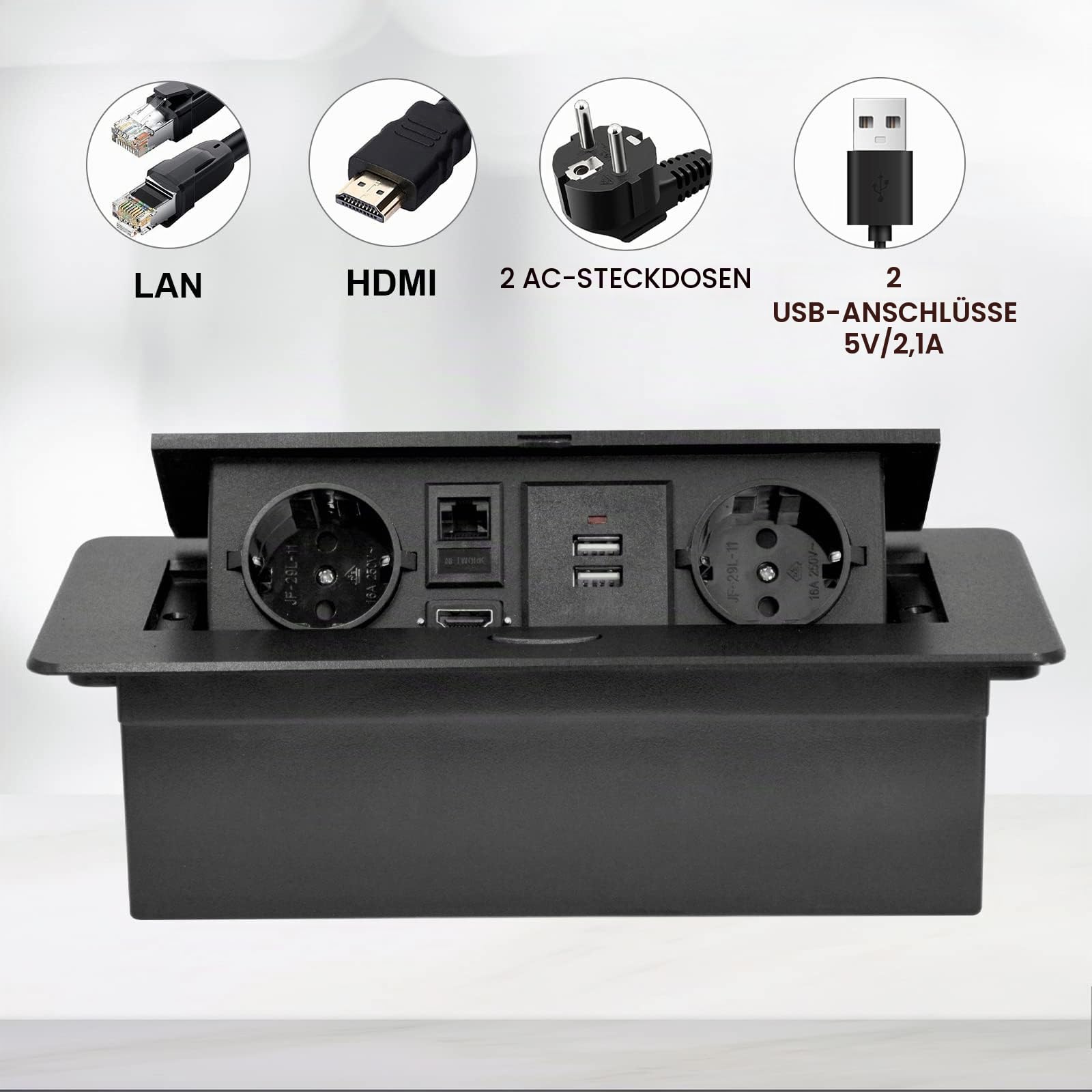 Unterputz-Steckdosenleiste mit 2 Europäische Norm-Steckdosen,mit USB,HDMI TD Netzwerkschnittstelle,Platzsparende Steckdose VersenkbarS für Büro und Arbeitsplatte