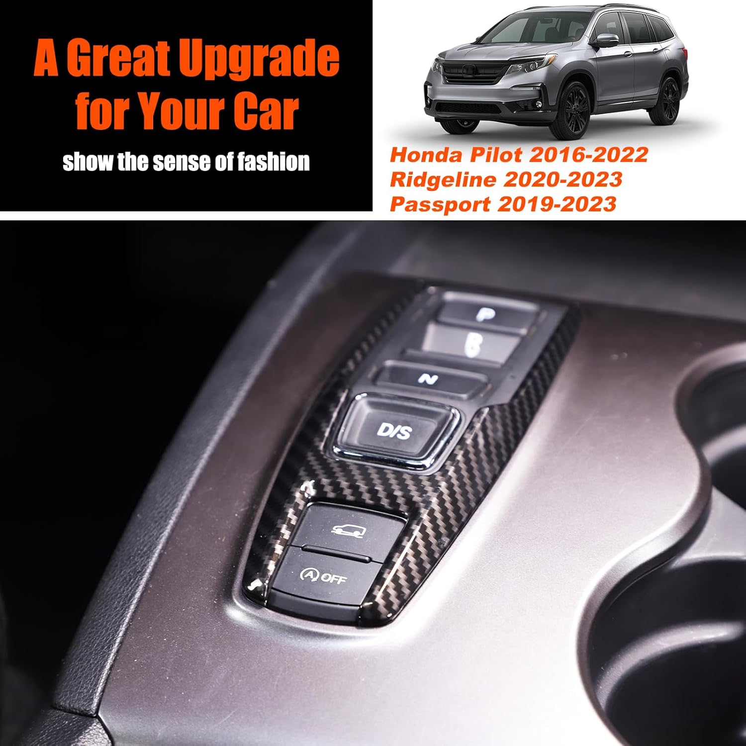 Gear Shift Panel Cover Trim Fit for Honda Pilot 2016-2022 Ridgeline 2020-2023 Passport 2019-2023 Console Gear Button Panel Edge Protective Trim (Carbon Fiber Pattern)