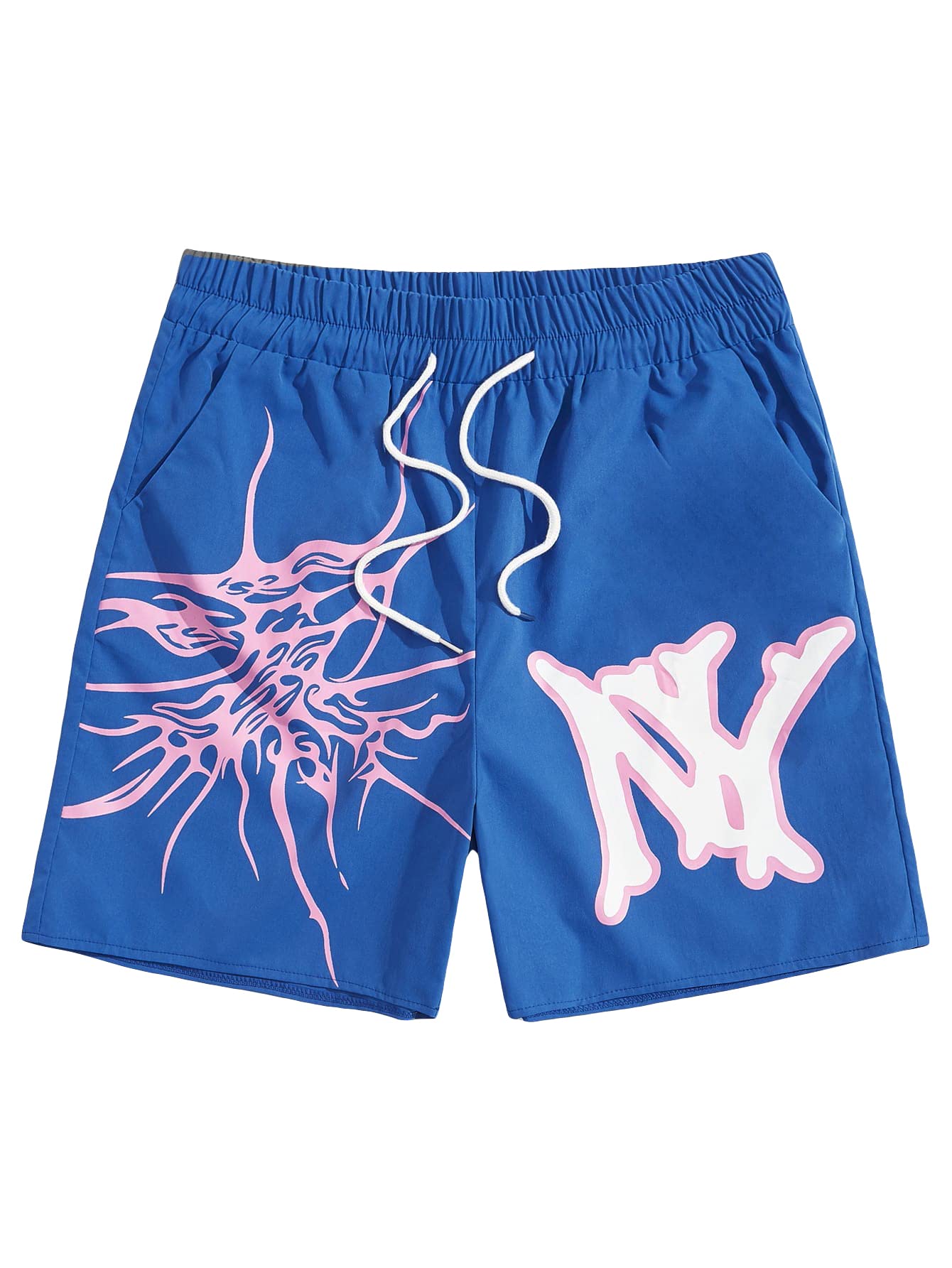 SOLY HUXMen's Letter Graphic Drawstring Waist Workout Sports Track Shorts with Pockets Blue S