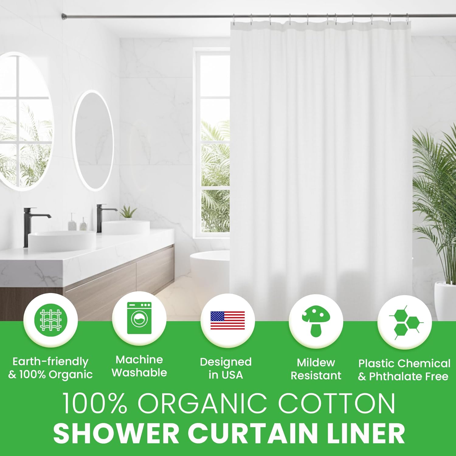 FABRIC SHOWER CURTAIN LINER - Standard Stall Size - A Stylish Quality Bathroom Drape - Earth Friendly, Non-Toxic + Odor-Free Cotton Liner - Light-Weight Washable White Shower Curtain - 36x74 WC