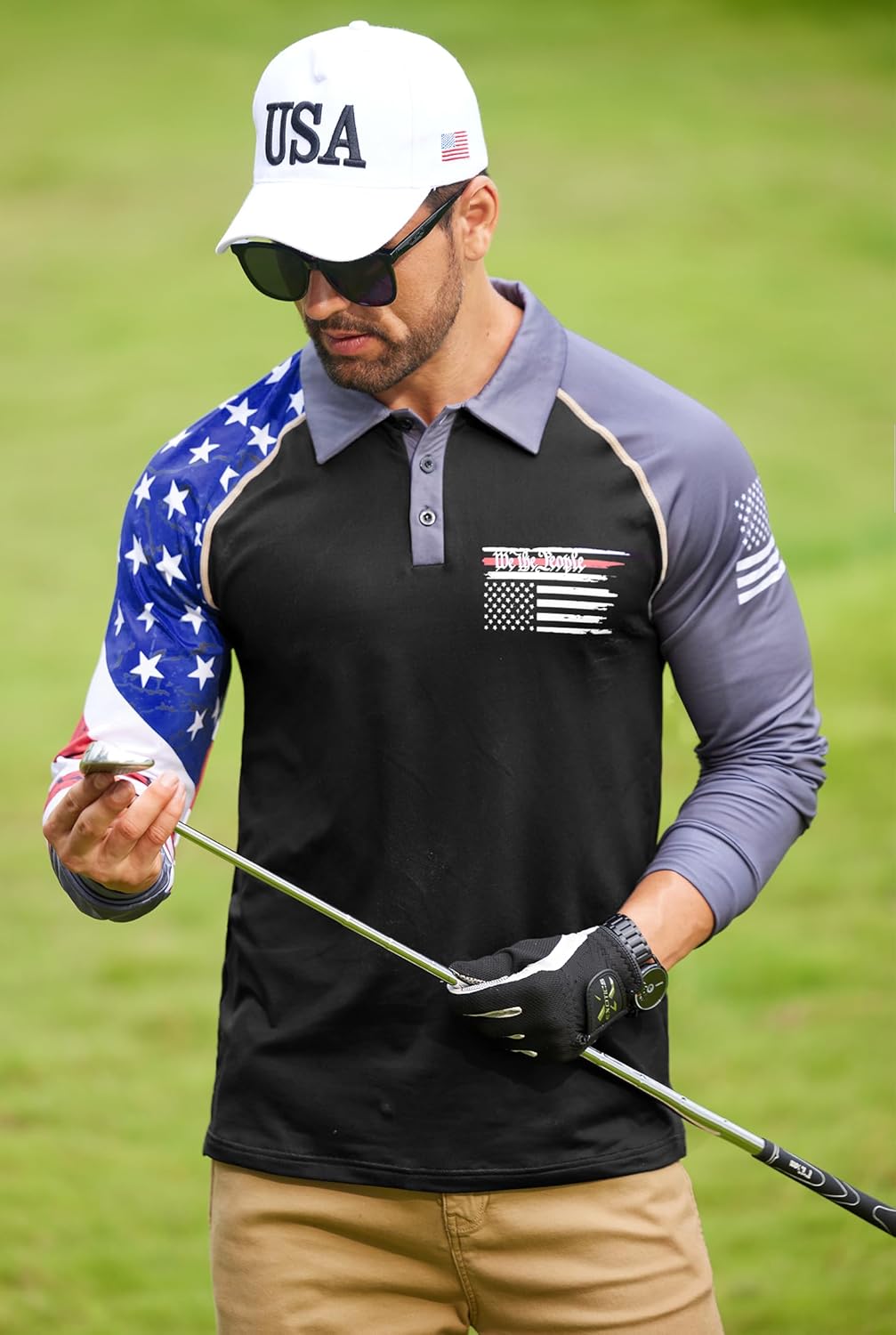 Man Novelty USA Flag Button Golf Polo Stripes and Stars Veteran Shirt Casual 4th of July Long Sleeve Fleece Polo T-Shirt L - Image 5