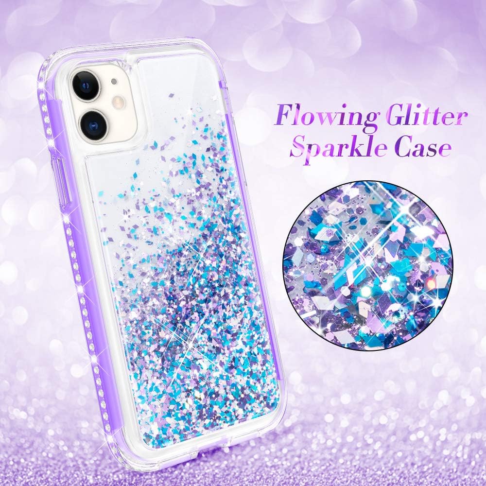 Caka iPhone 11 Case with Screen Protector, iPhone 11 Case Glitter Liquid Case Full Body Protection Bling Diamond Case for Girls Women Girly Protective Case for iPhone 11 6.1 inches (Violet)
