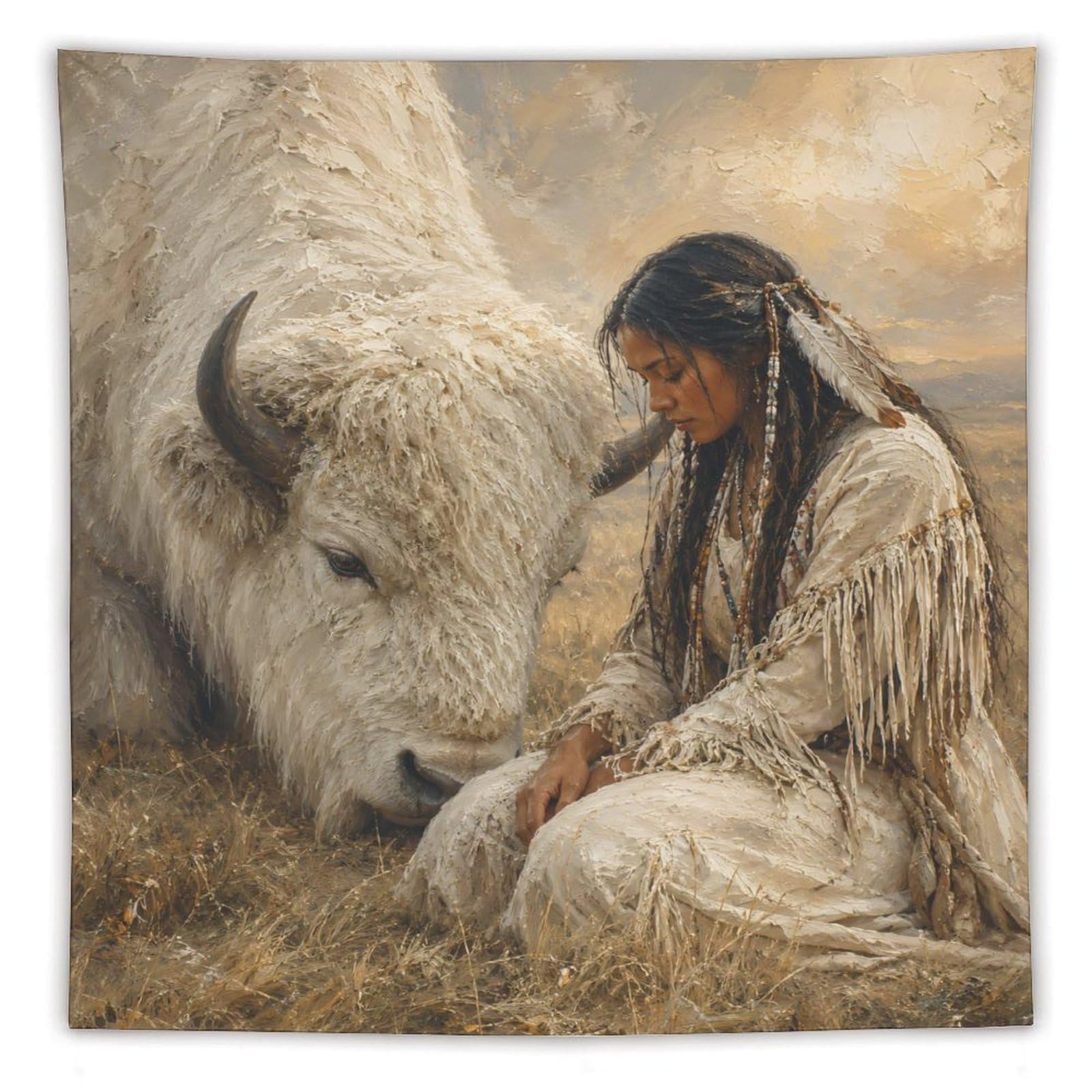 H3B8U2Y5 White Buffalo Woman Portrait Wall Tapestry, Open Grassland