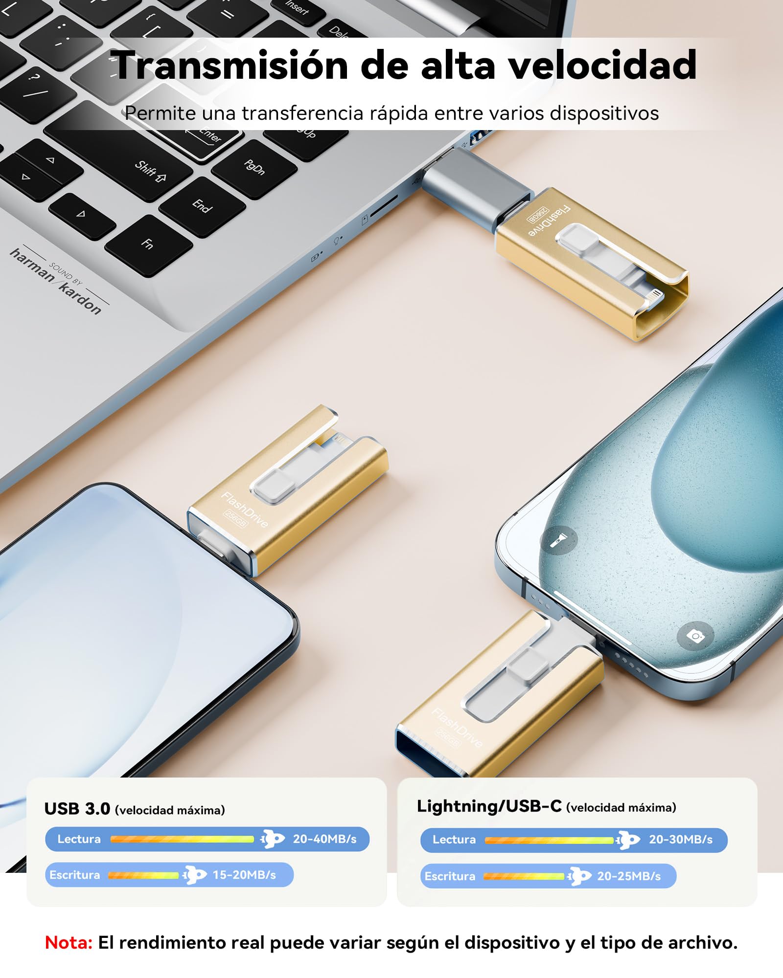 Pendrive para lPhone 32GB con Certificación MFi, Memoria USB 3.0 3 en 1,Amarillo Dorado - 2