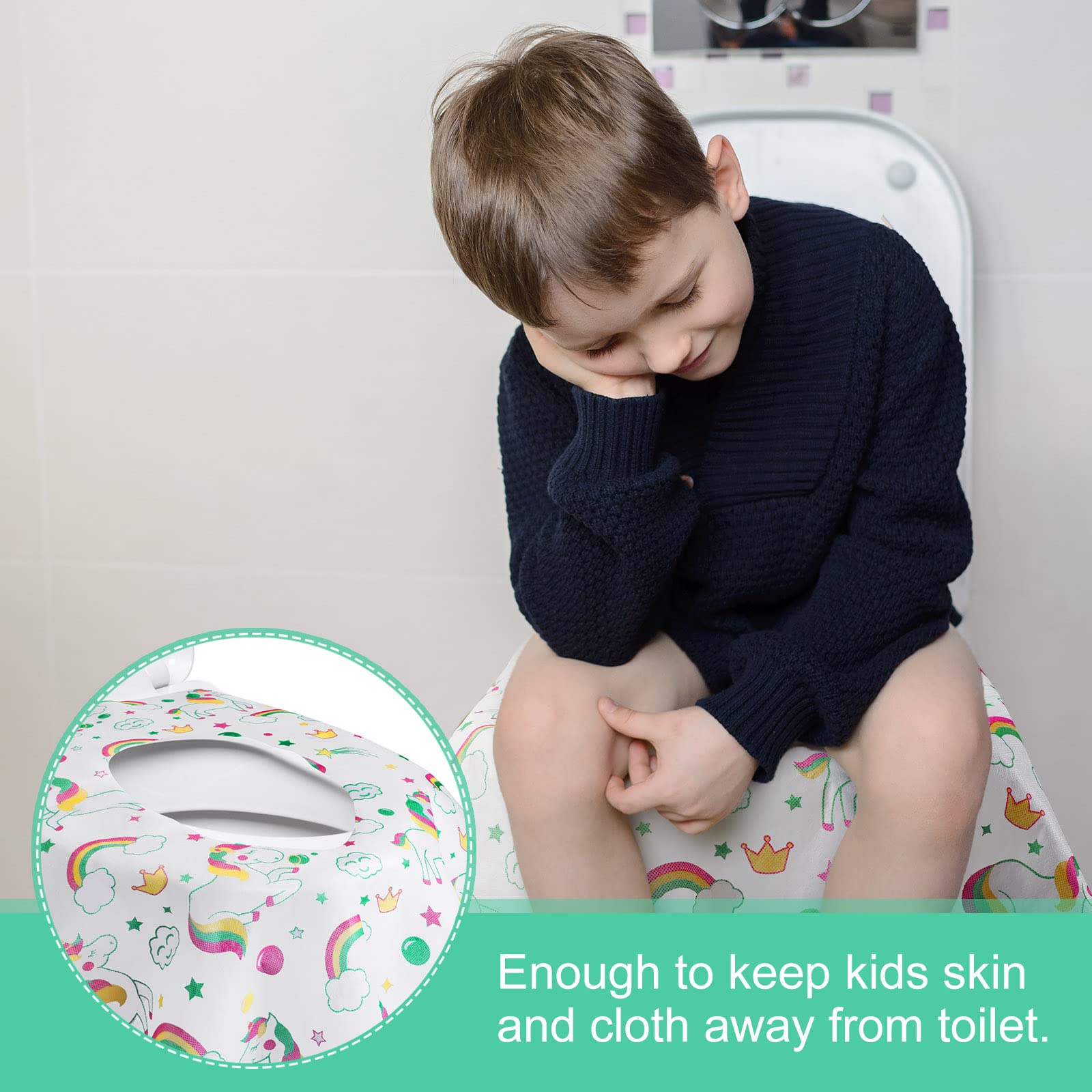 Paquete de 50 fundas desechables para asiento de inodoro extragrandes, envueltas individualmente para niños y adultos, portátiles, antideslizantes, impermeables, para niños pequeños, entrenamiento