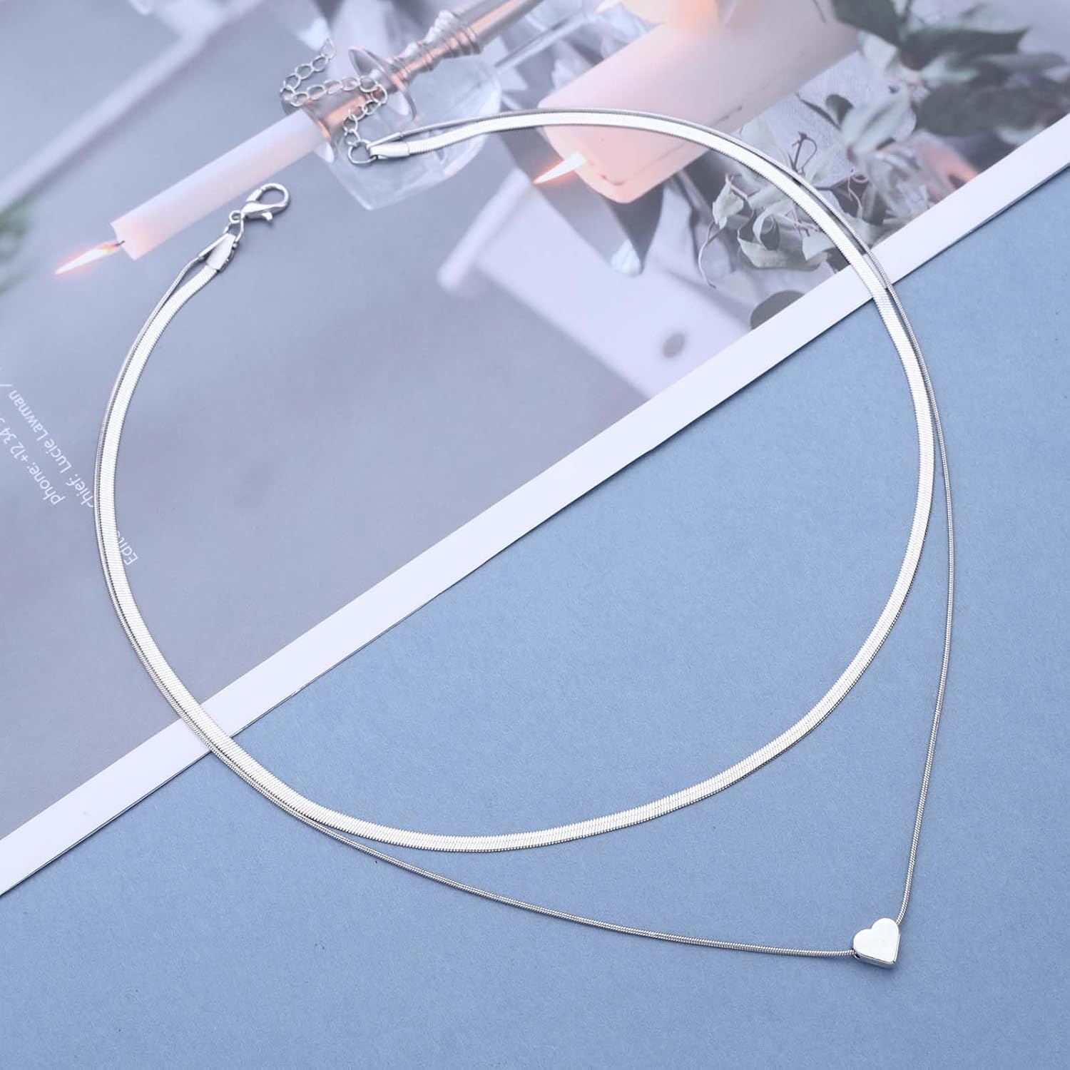 Andelaisi Boho Layered Snake Chain Necklace Choker Vintage Heart Snake Chain Choker Silver Heart Pendant Necklace Snake Herringbone Chain Necklace for Women - Image 4