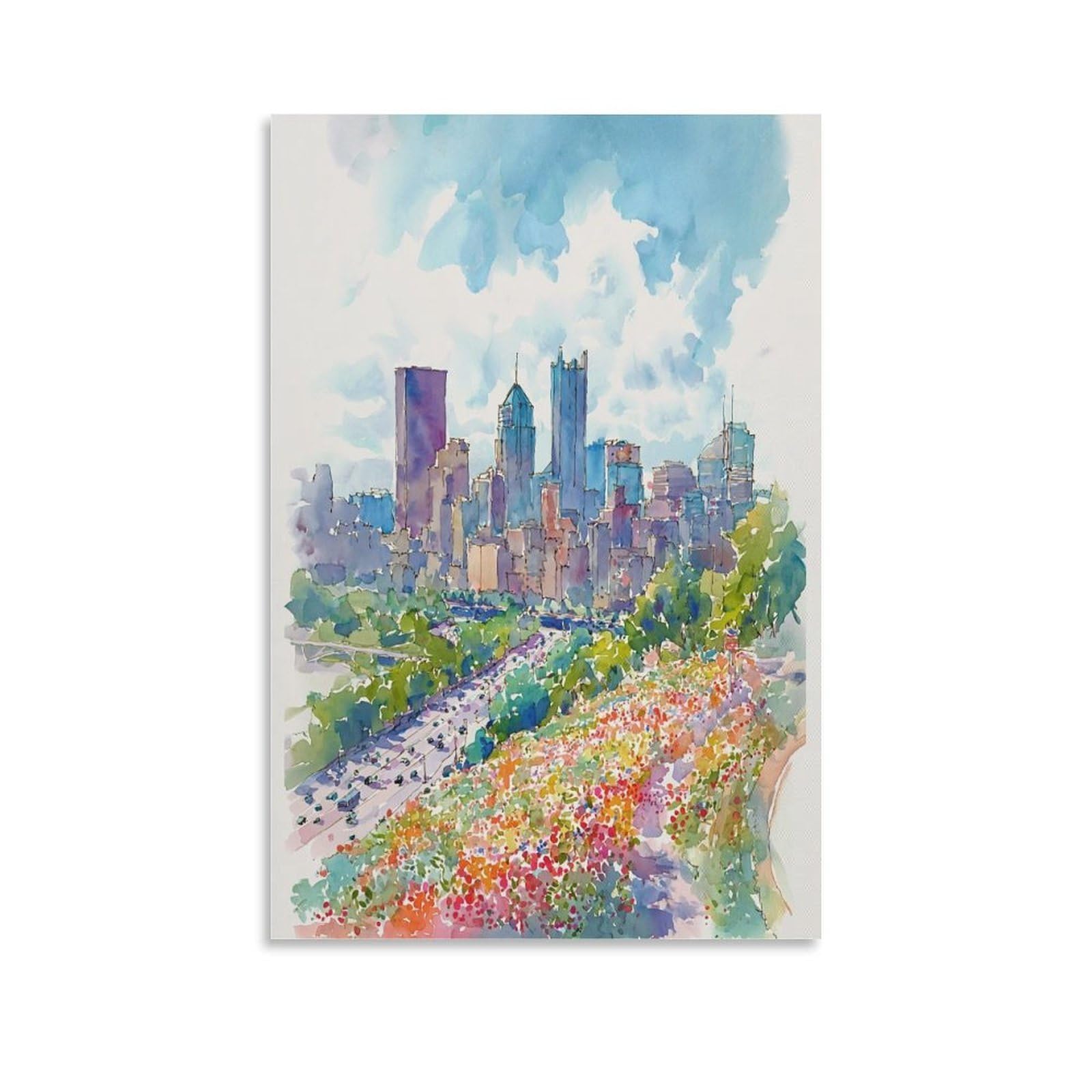 LCYNNH Calgary Skyline Watercolor Painting Canada Travel Poster Custom 20x30inch(50x75cm) Print Home Bedroom Office Living Room Decor Canvas