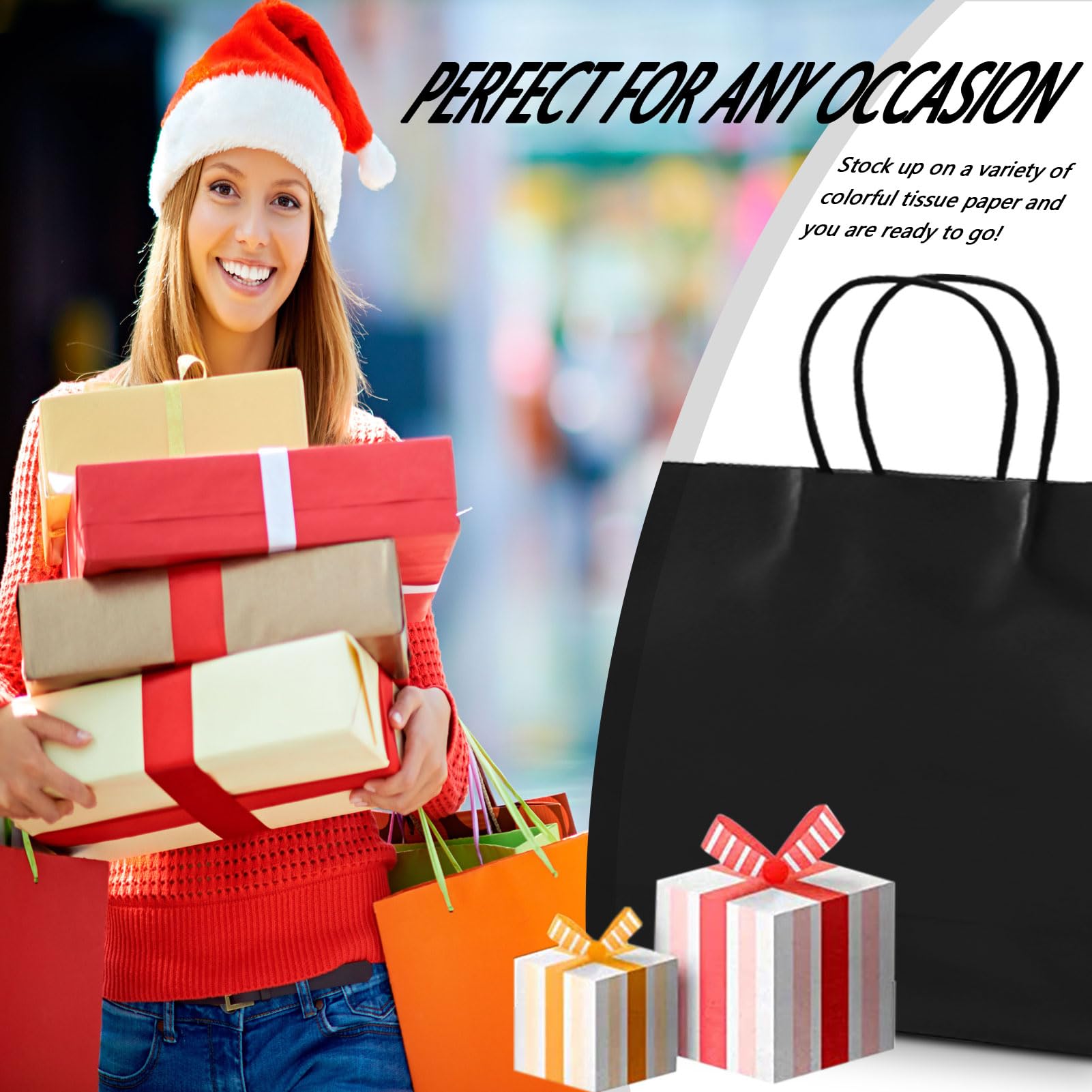 Favuit Sacchetti di carta con manico, 6 sacchetti regalo, 31 x 42 x 13 cm, con manico in corda, per shopping, matrimoni, imballaggi, compleanni, Natale, nero (grande