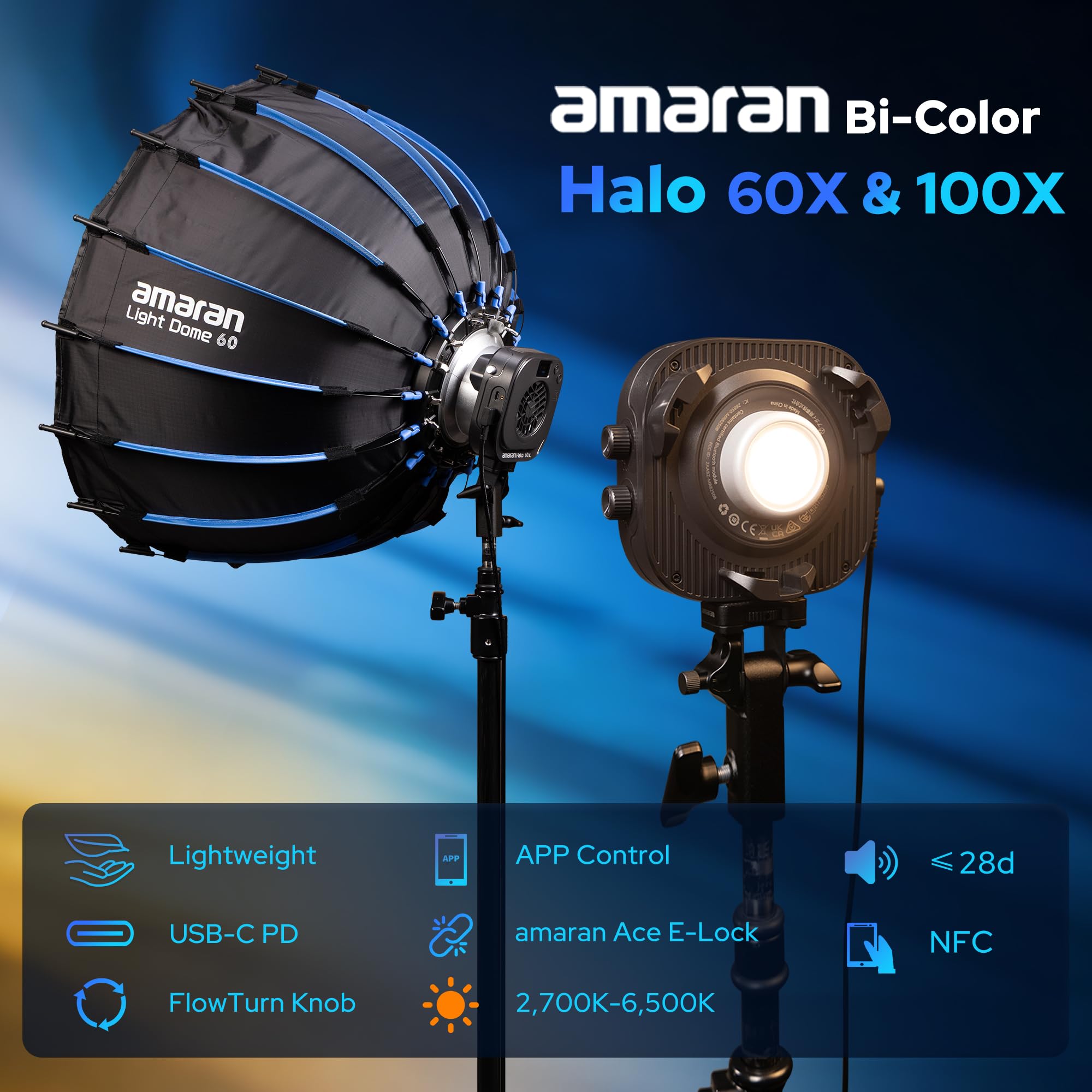 Amaran Halo 60x Kompakte Bicolor LED-Videoleuchte mit Bowens-Bajonett COB 3270 lux @1m und Steuerung über NFC DMX-App (Halo 60x)