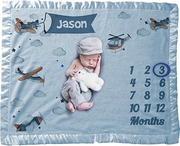 Milestone Baby Blanket Custom Baby Boy Airplane Name Luxe Satin Trim Edge Double Sided Polar Fleece Blue, 30 x 40
