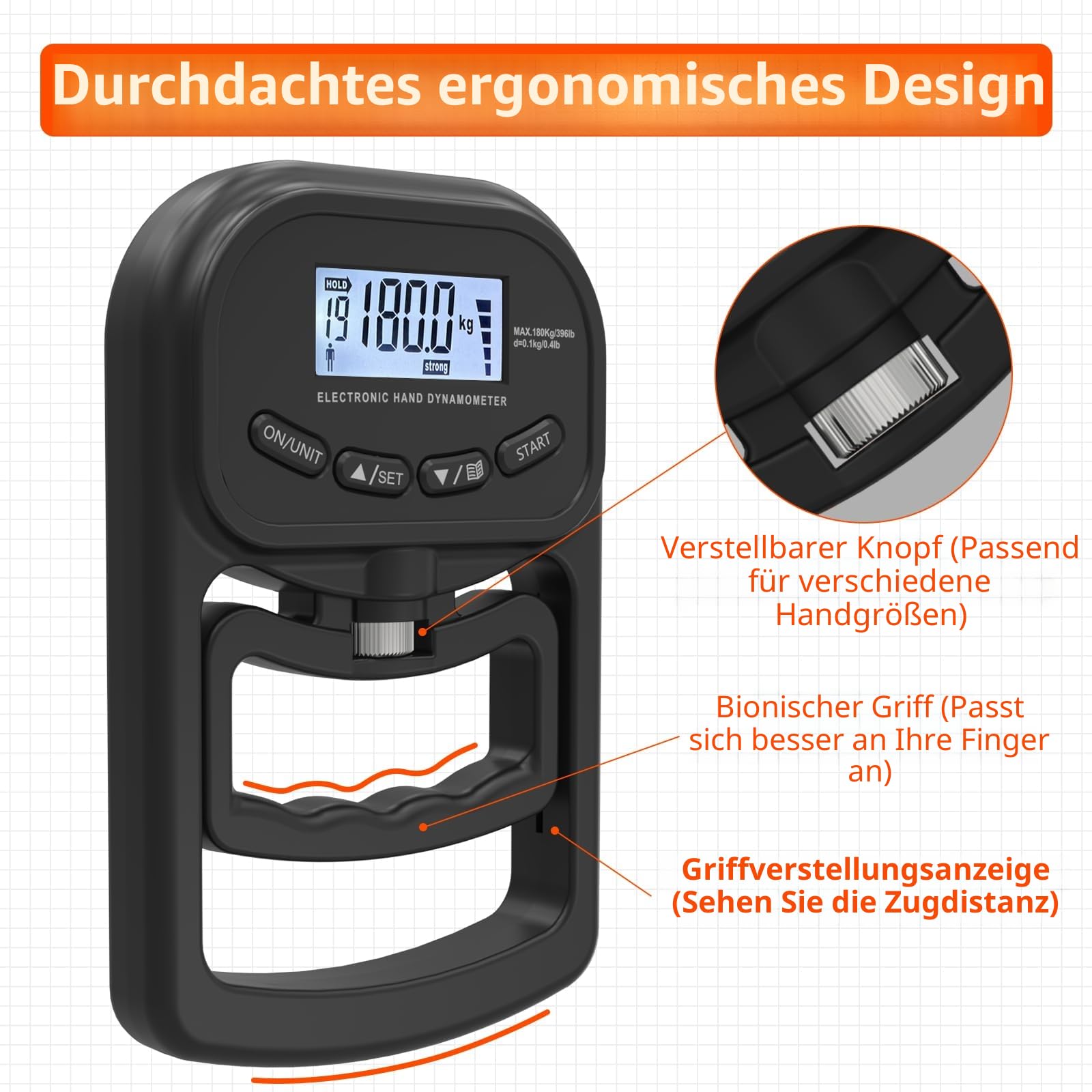 180 kg Griffkrafttrainer, wiederaufladbares elektronisches Handdynamometer, digitaler Griffkraft-Tester mit LCD-Display, Verstellbarer Handgriff-Dynamometer, Handtrainer für Kraft