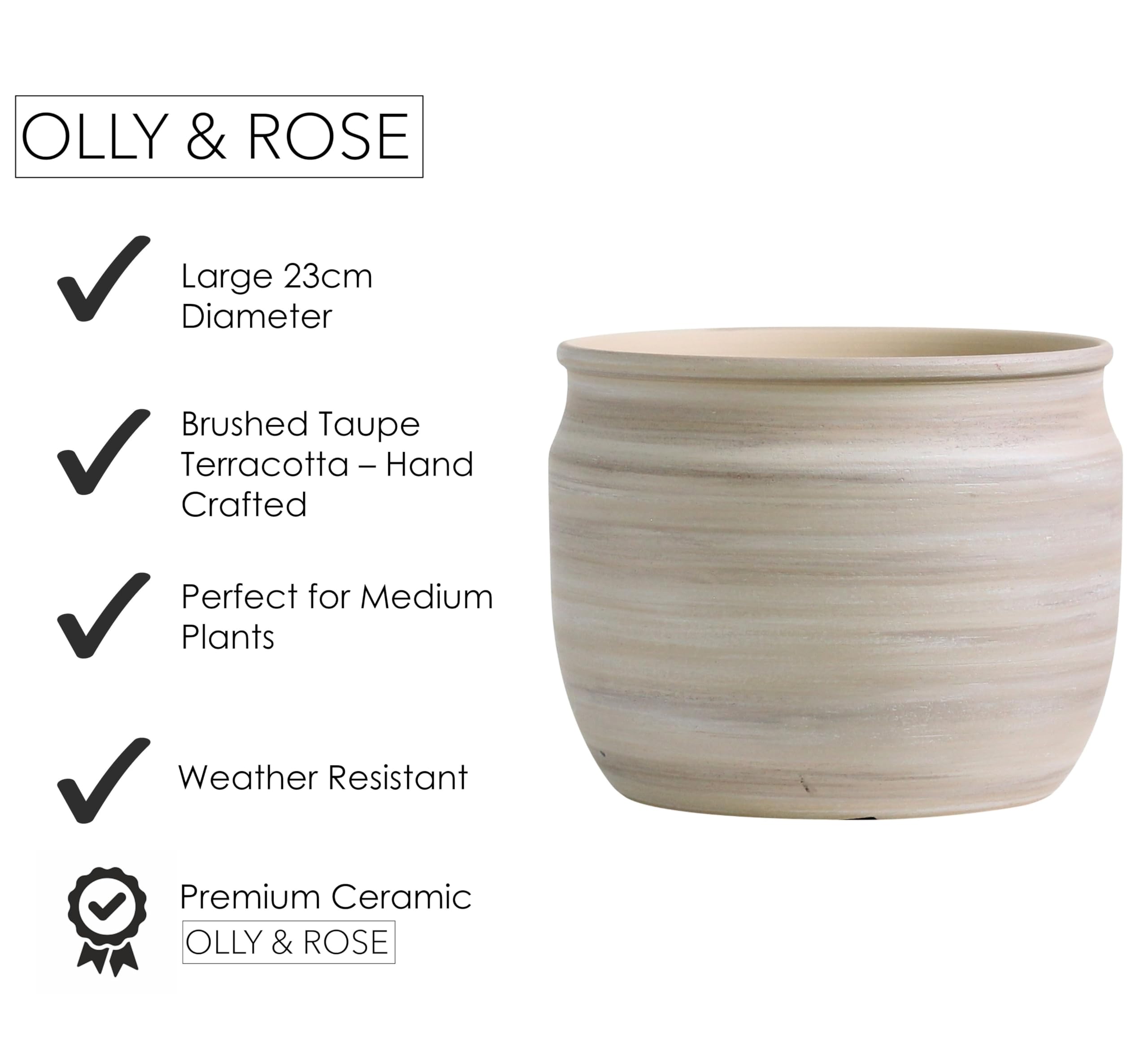 Olly & Rose Grand pot de fleurs en terre cuite brossé gris/marron taupe – Pot de fleurs en céramique 23 cm pour extérieur et intérieur pour la maison et le jardin