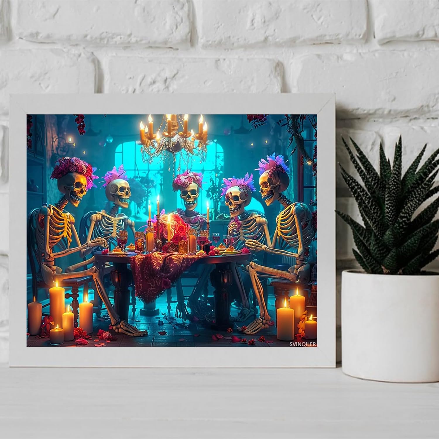 Skeleton Party Paint by Numbers for Adults, Skull with Floral Paint by Number for Adults Beginner, Skeleton Candlelight Dinner Painting by Numbers for Home Wall Decor Without Frame (16x20Inch) image 2