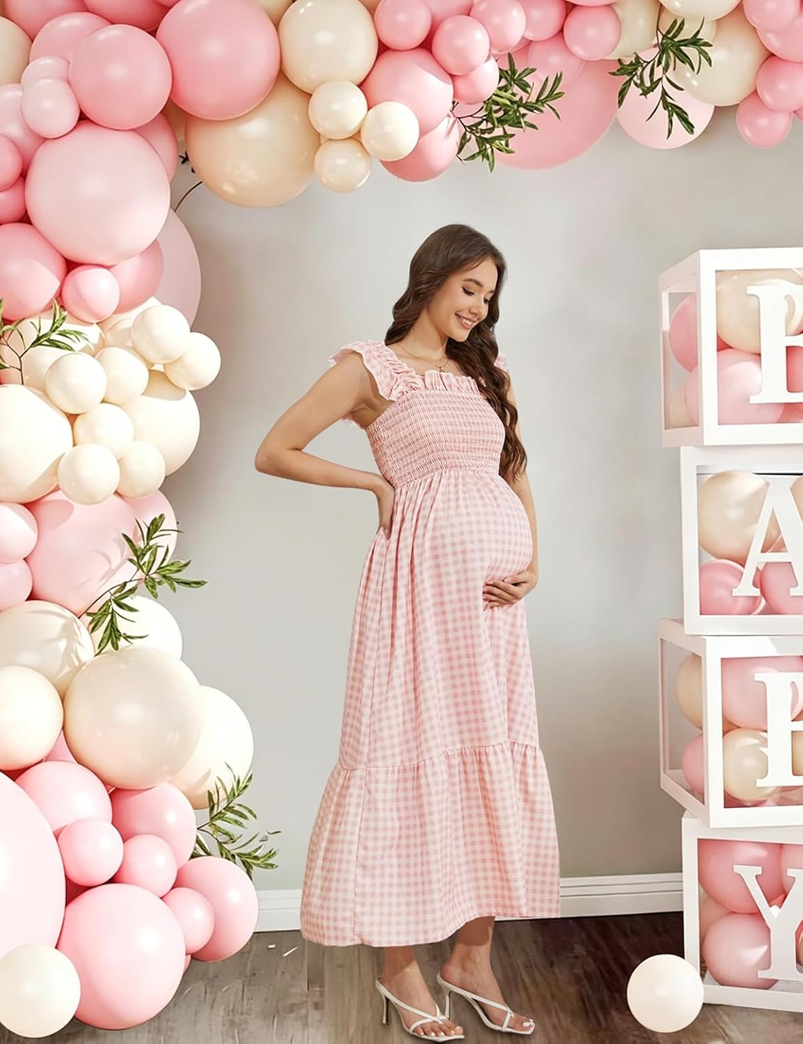 Off the Shoulder Maternity Dress for Baby Shower & Photoshoot, Retro Plaid Ruffle Sleeve Maxi Dress for Summer Pregnancy