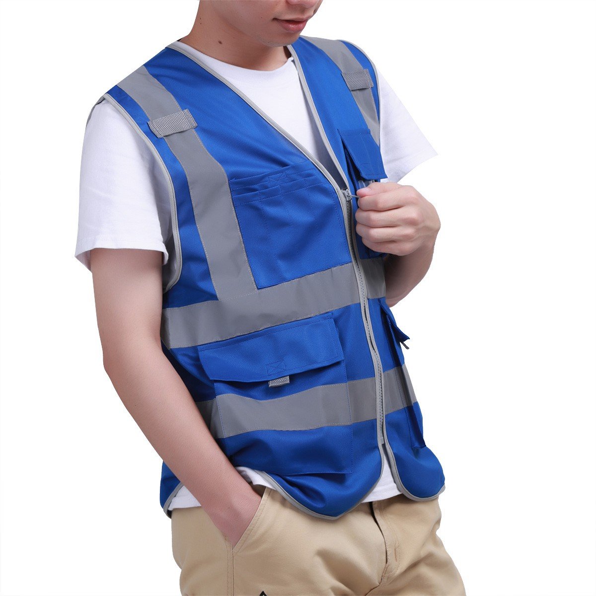 iiniim Unisex High Visibility Safety Vest with Reflective Stripes, 4 Pockets and Zipper Blue XXL