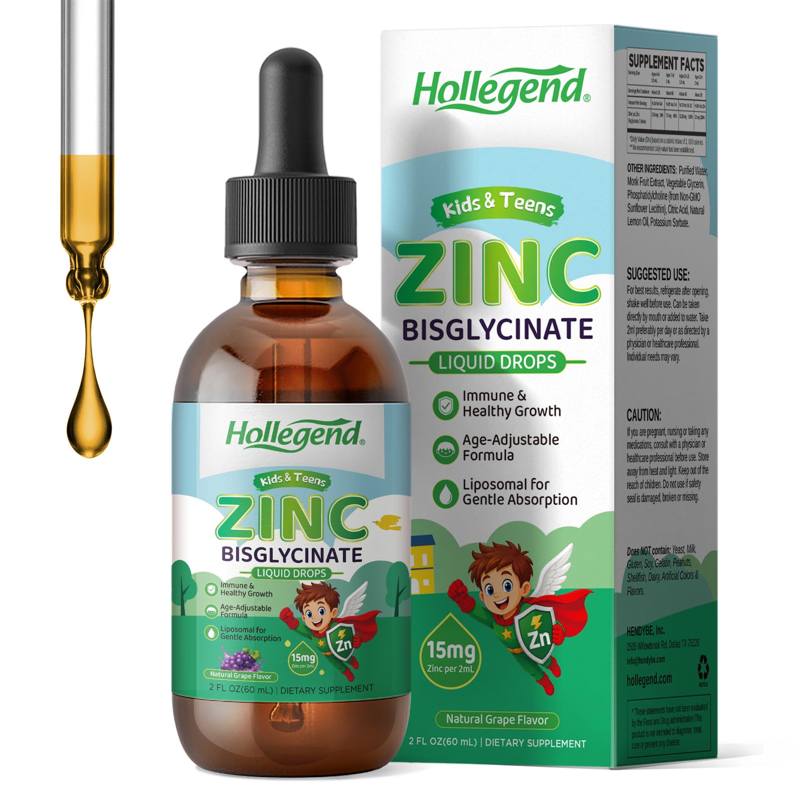Liquid Zinc Bisglycinate Drops for Kids, 15mg Zinc per 2 mL, Vegan, 2 Fl Oz